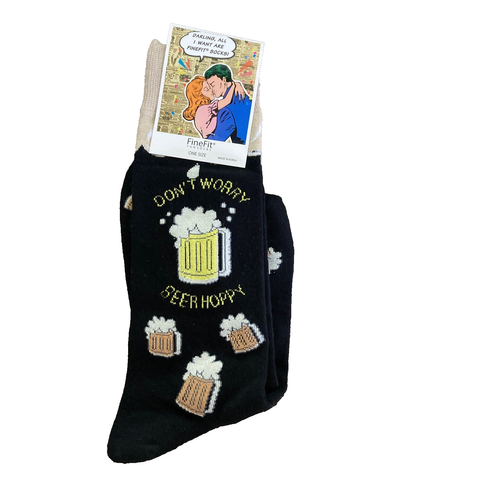 FineFit Fun Socks Dont Worry Beer Hoppy Novelty Crew Socks Black One Size New
