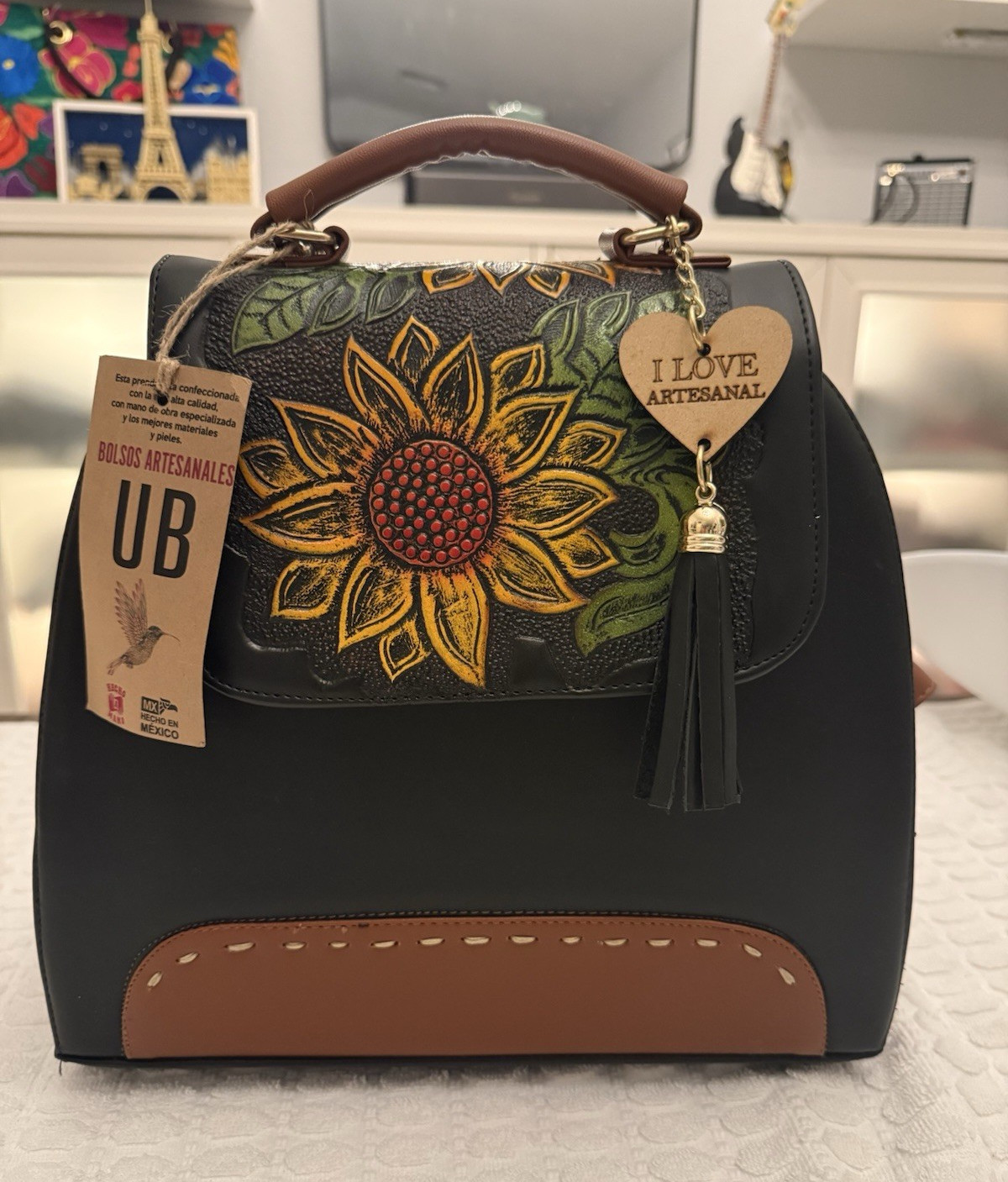 UB Black/Brown Sunflower Satchel Top Handle, Detachable Strap, Tassel Zip