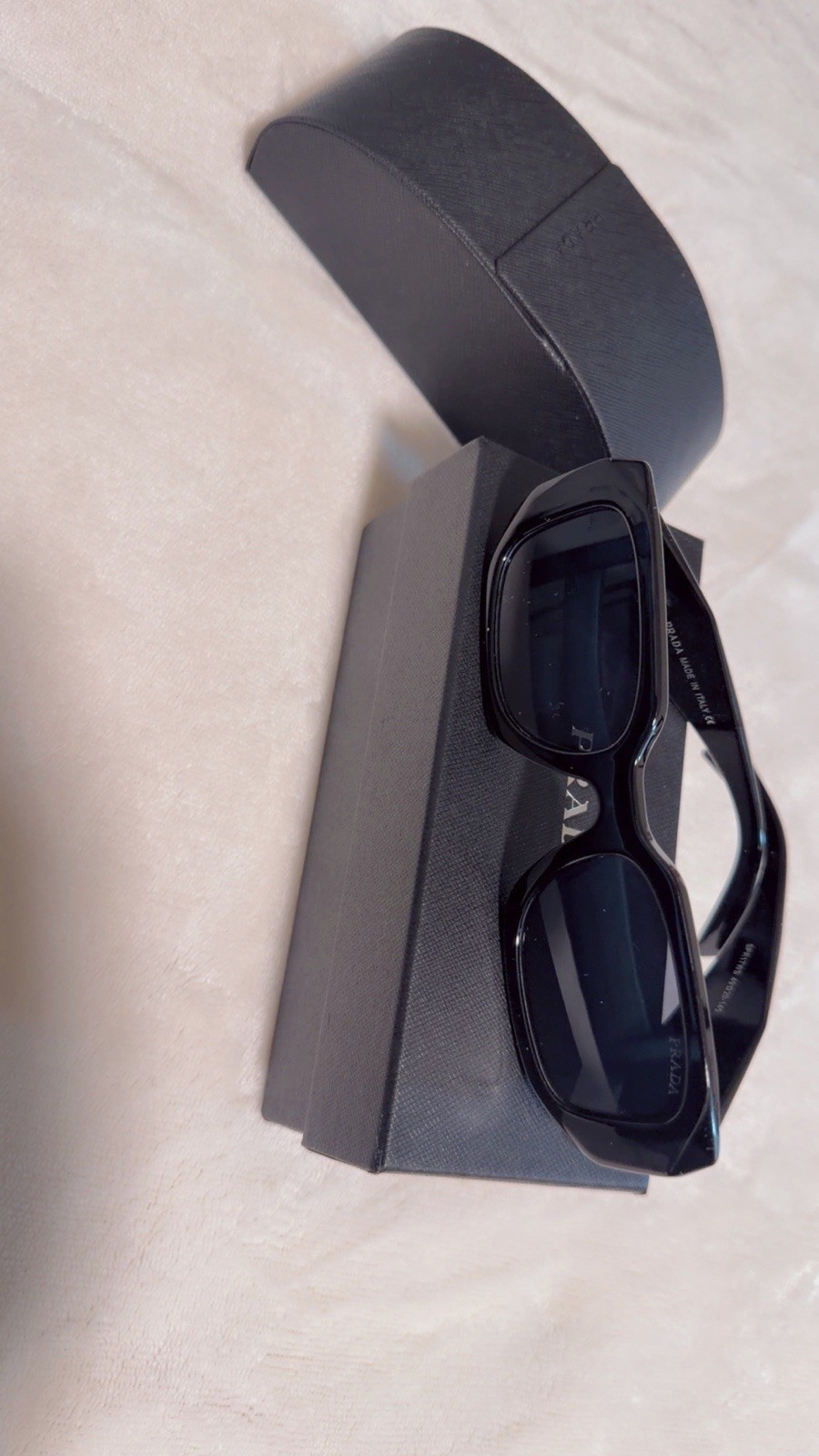 PRADA Women’s Rectangle Sunglasses Black Plastic Frame Tinted Lenses Case Box