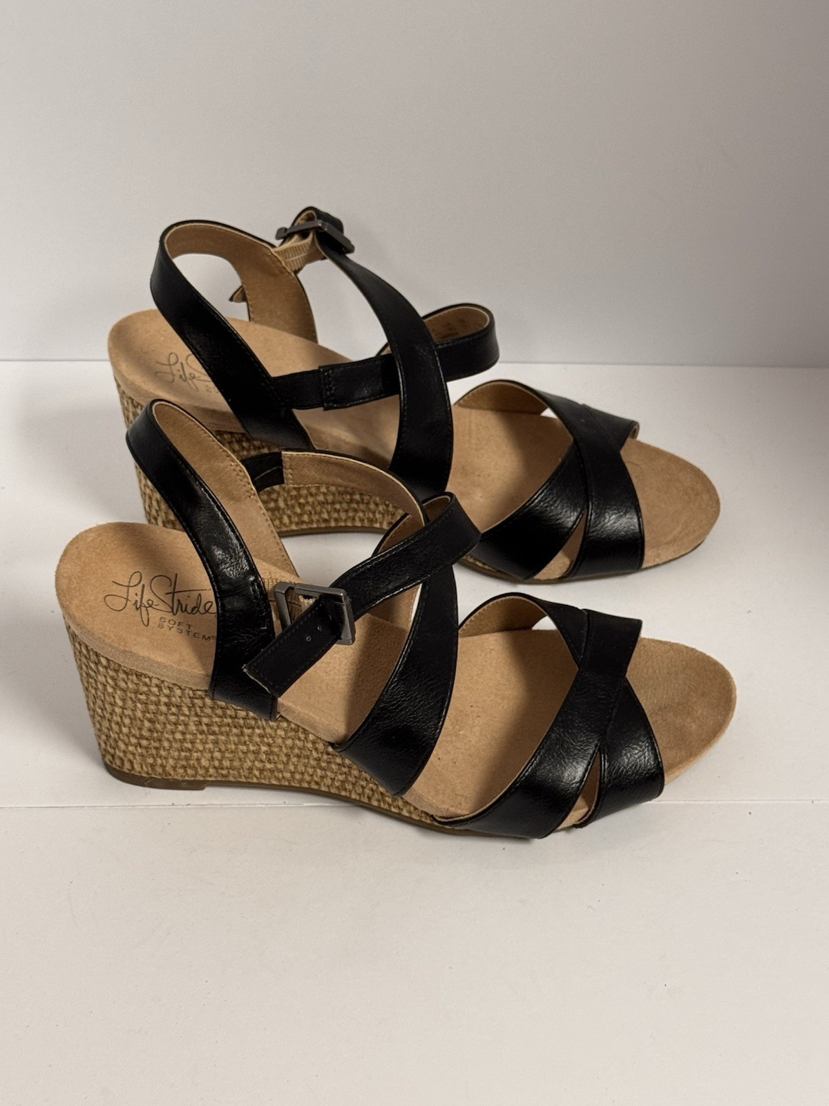 Life Strides Black Open-Toe Wedge Shoes, Size 8.5, with Ankle Strap