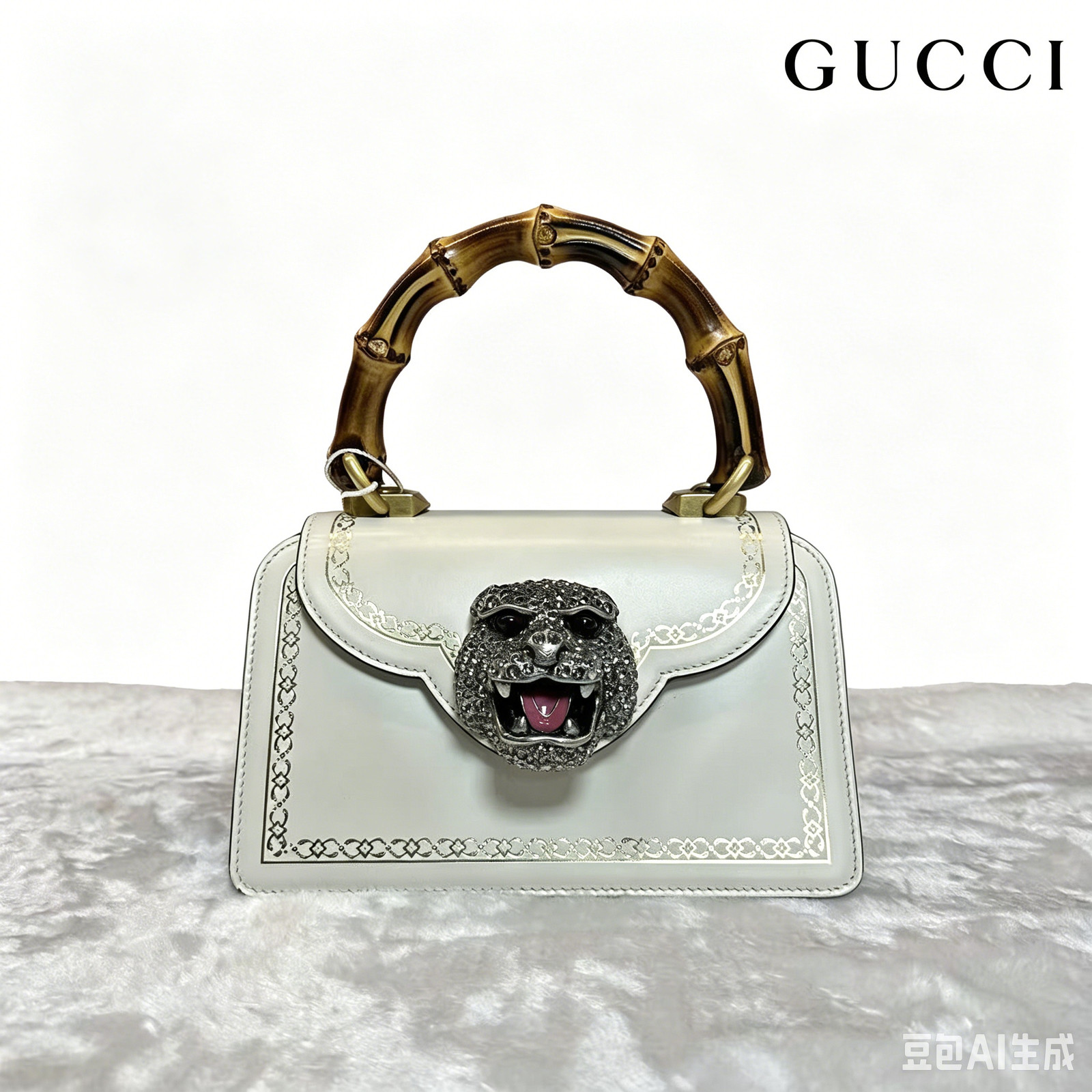 Auth Gucci Bamboo Handle Bag White Leather Tiger Head Limited Edition USA