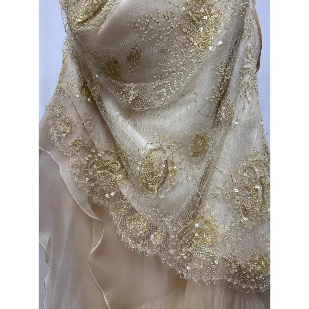 David Fielden Bride Silk Evening Gown Beaded Lace Gold, retail price €3600