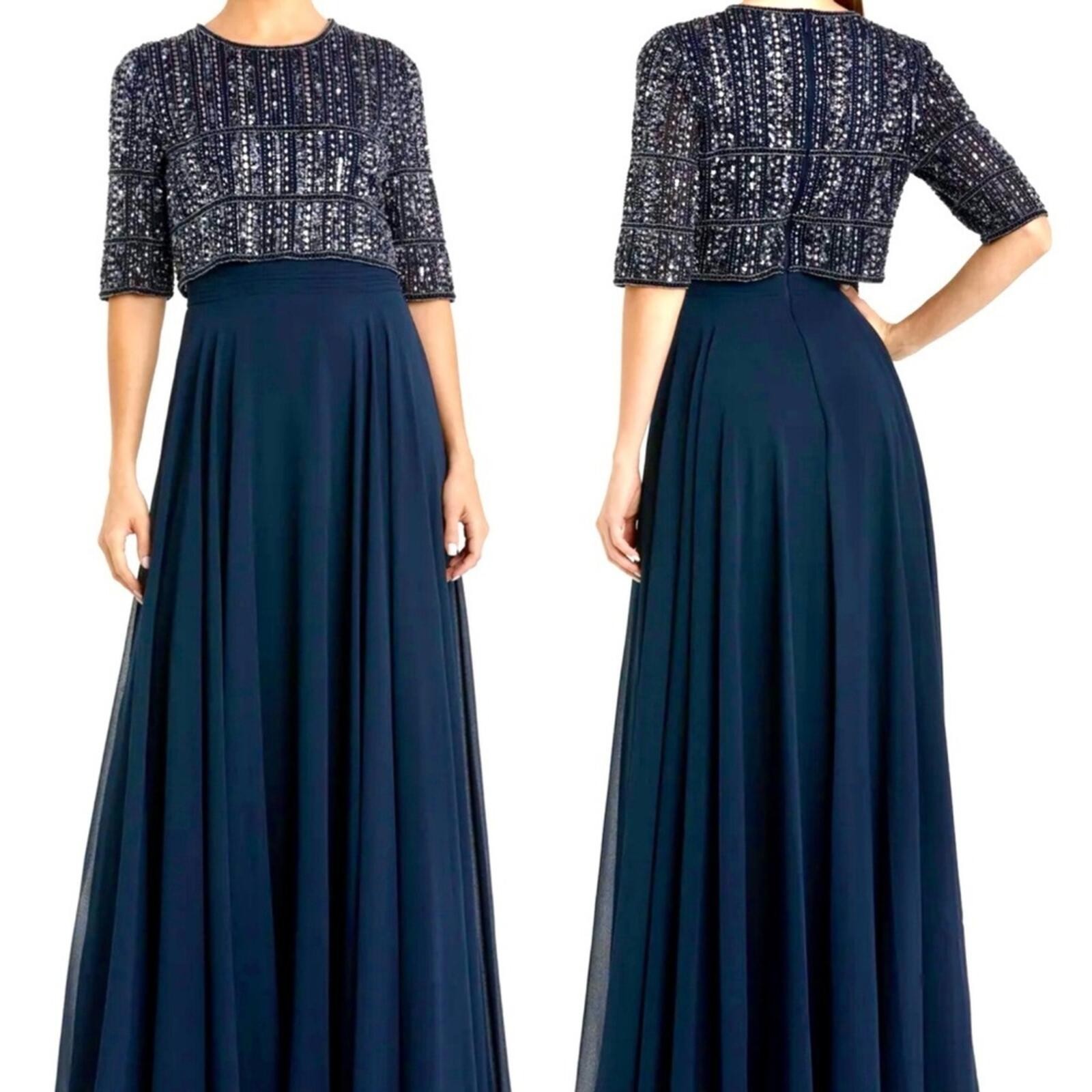 Mac Duggal 9180 | Navy Chiffon Gown | Beaded 3/4 Sleeve Top | Women’s 12