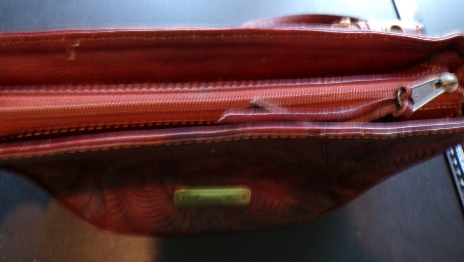 American West Hand Tooled Design Leather Handbag, Deep Red