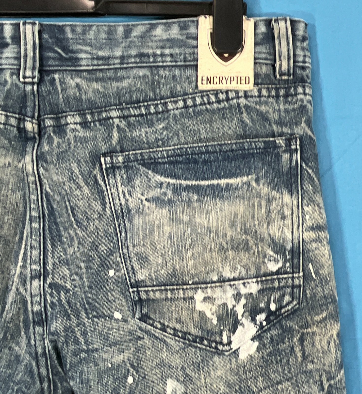 VTG ENCRYPTED Distressed ACID WASH Denim PAINT SPLATTER Zipper MOTO Jeans 38-32