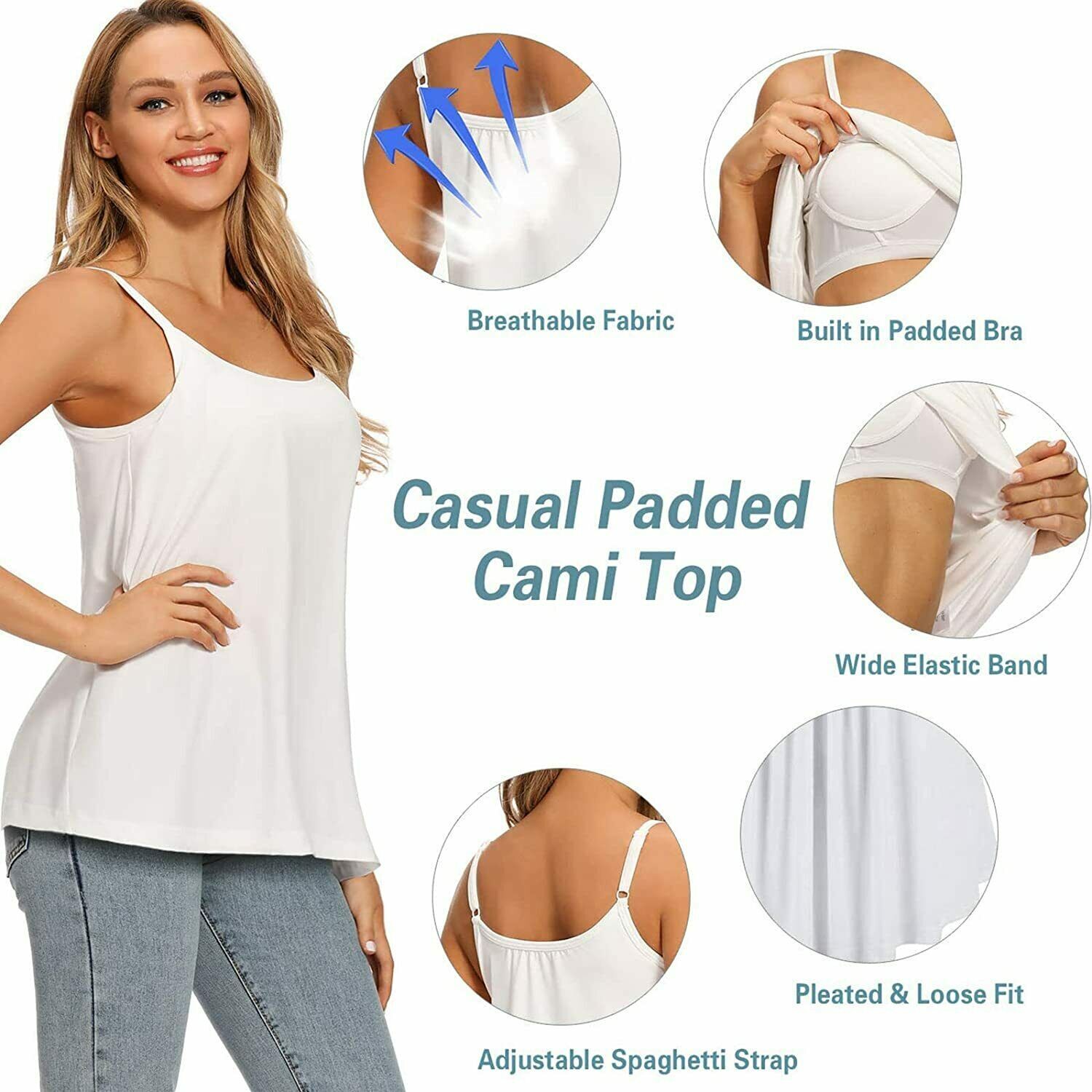 Women Fashion Swing Flowy Cami with Built in Bra Seamless Strap Tank Top Vest US