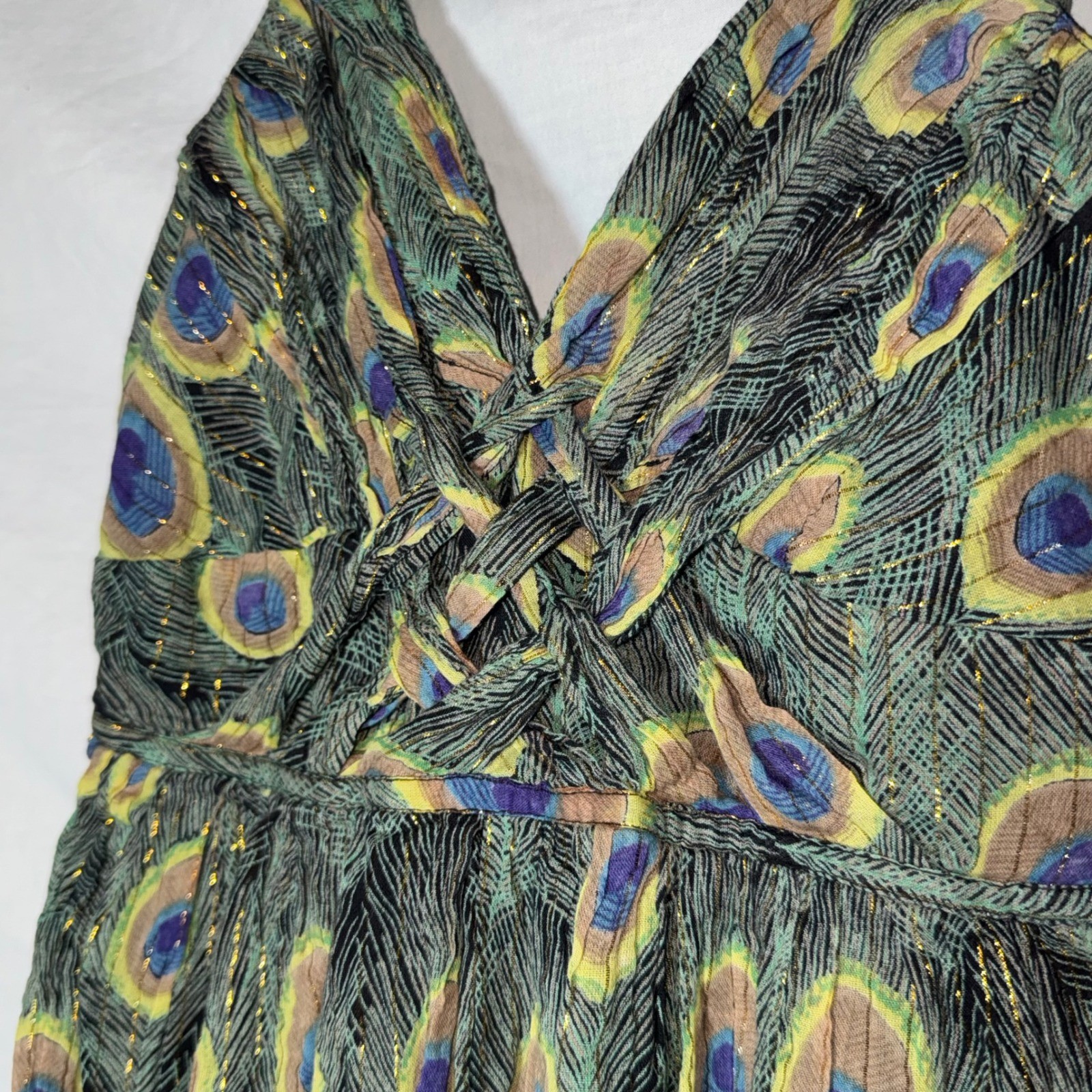 Pura Vida Peacock Feather Print Mini Dress Gold Metallic Cotton Green Blue Sz 6