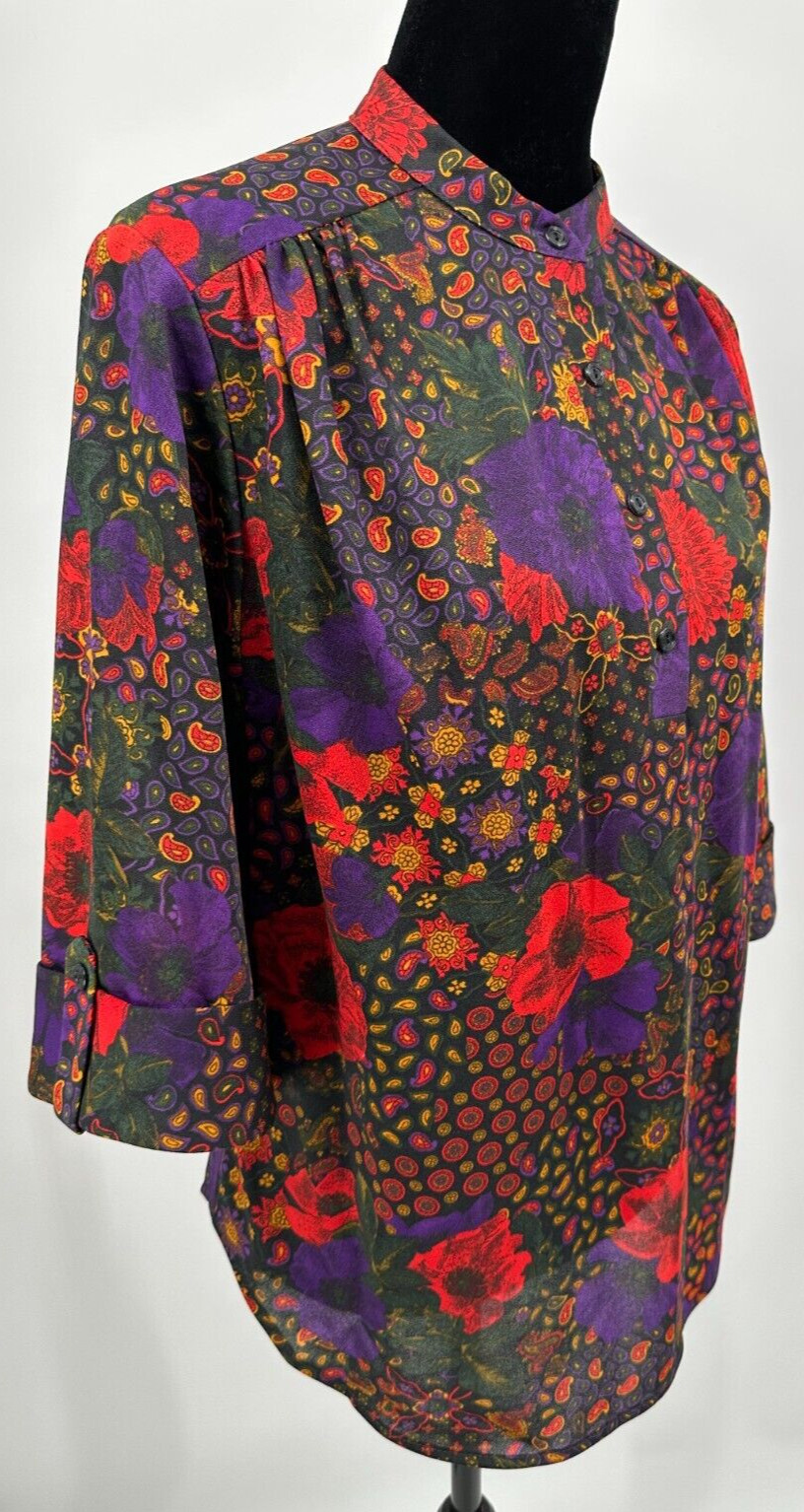 Top Notch Womens 3/4 Sleeve Blouse Size 38/18W Black Paisley Floral Retro Print