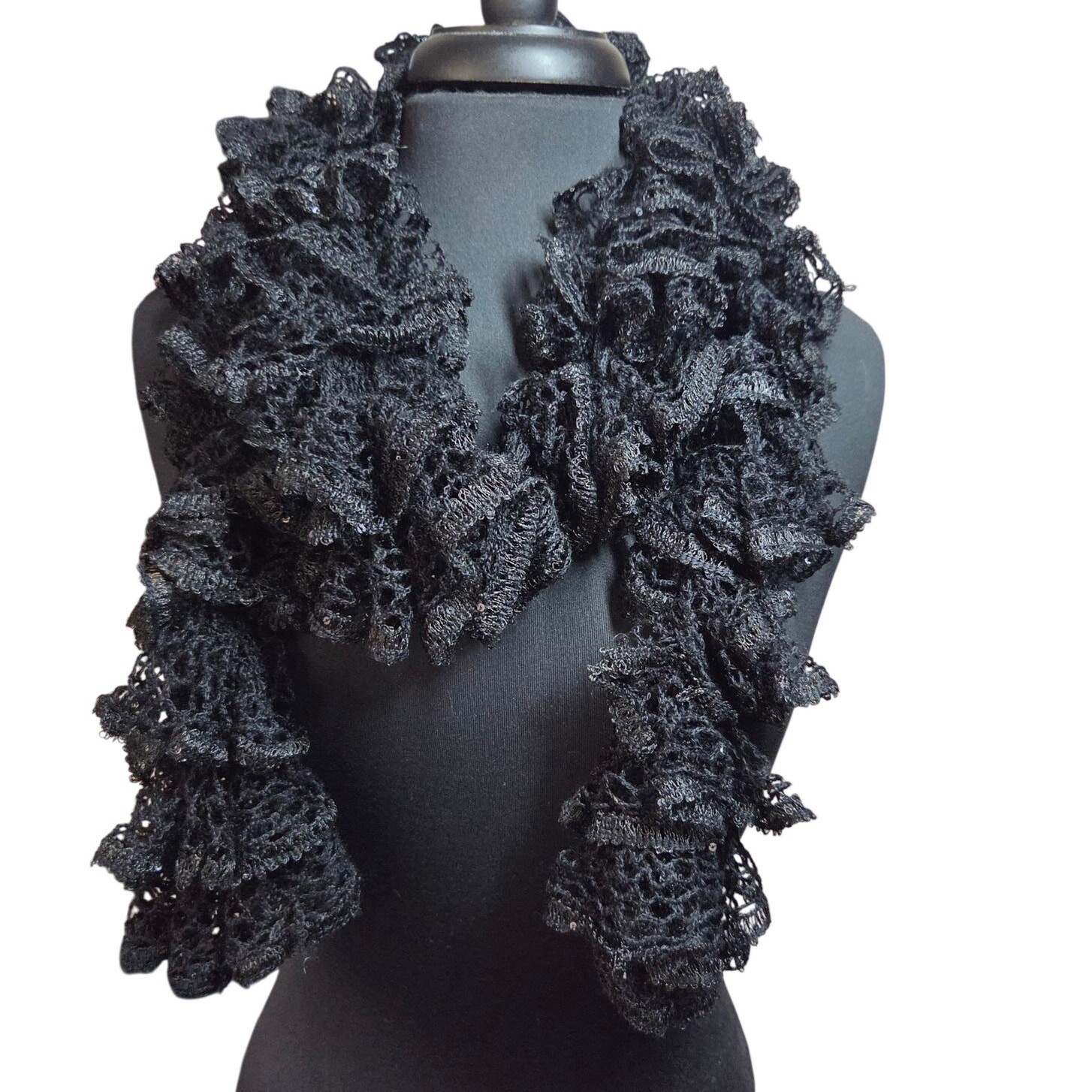 Handmade Crochet Ruffle Scarf Metallic Black