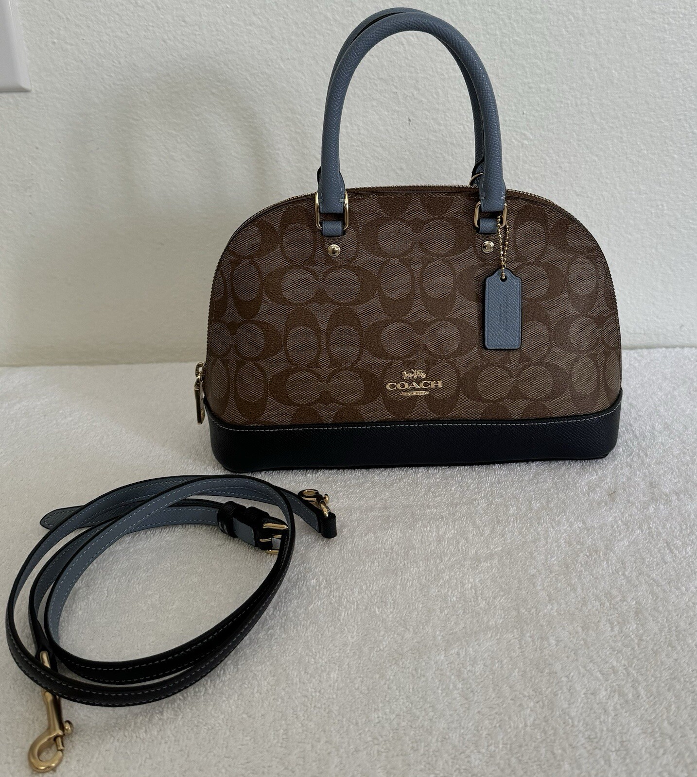 COACH Mini Sierra Satchel Logo Khaki /Midnight Pool / Brown Leather Bag $295 NEW