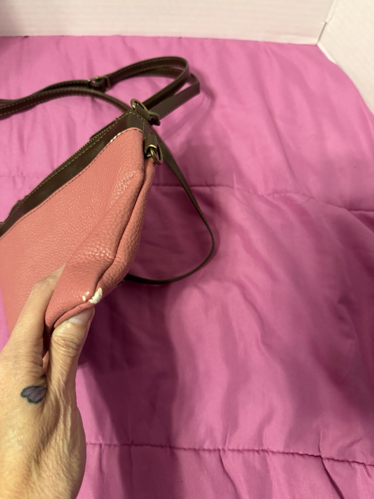 Chala Pink Butterfly Flower Accent Crossbody Bag Brown Strap Bronze Zipper Purse