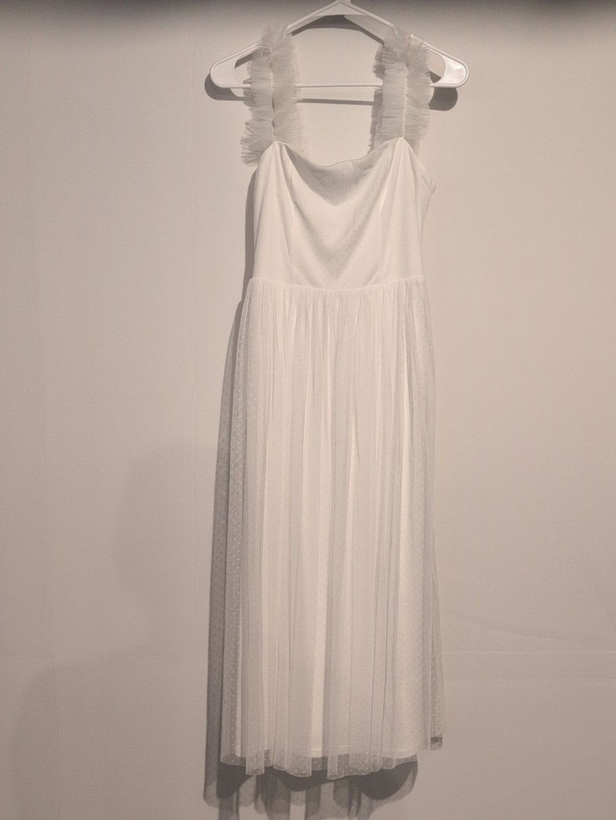 Lulu’s White Tulle Midi Dress with Ruffle Straps