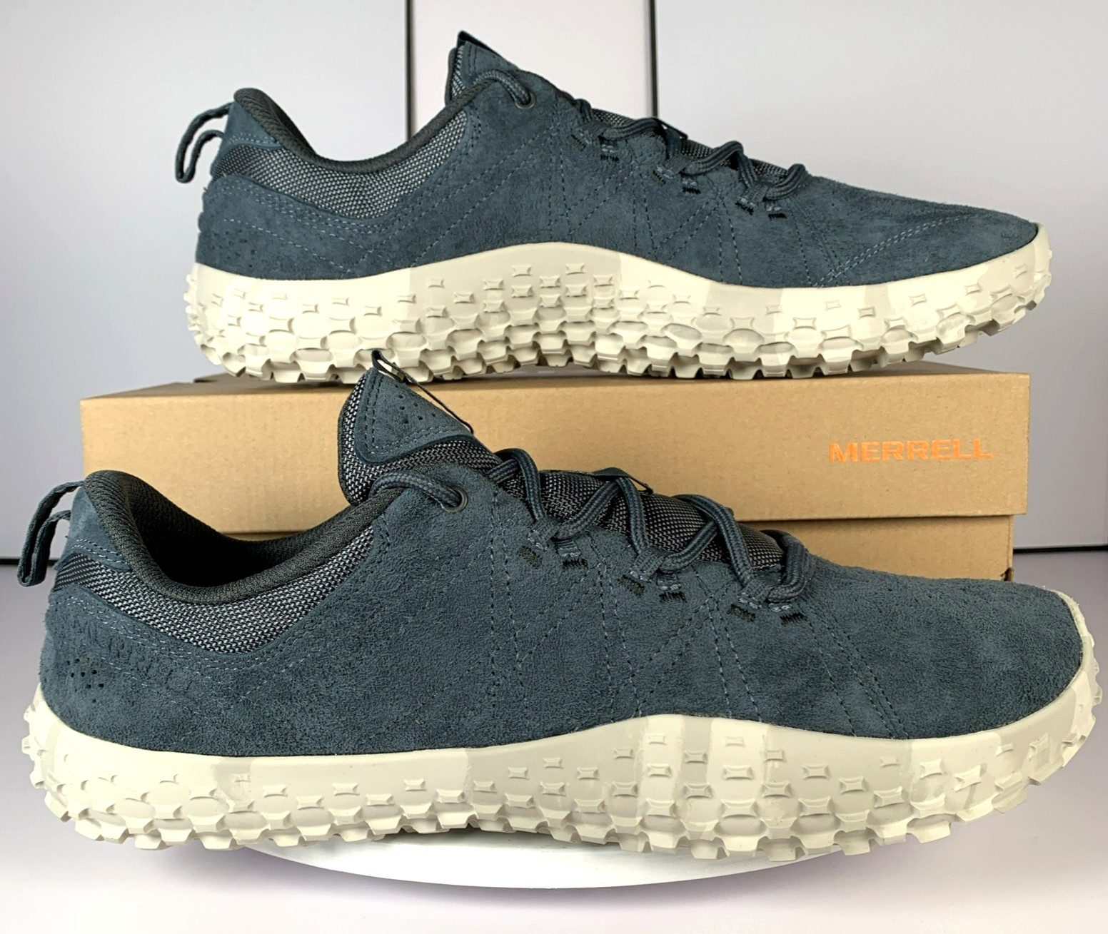 Merrell Mens Wrapt Slate Blue Gray Barefoot Minimalist Suede Sneaker Shoes, 13