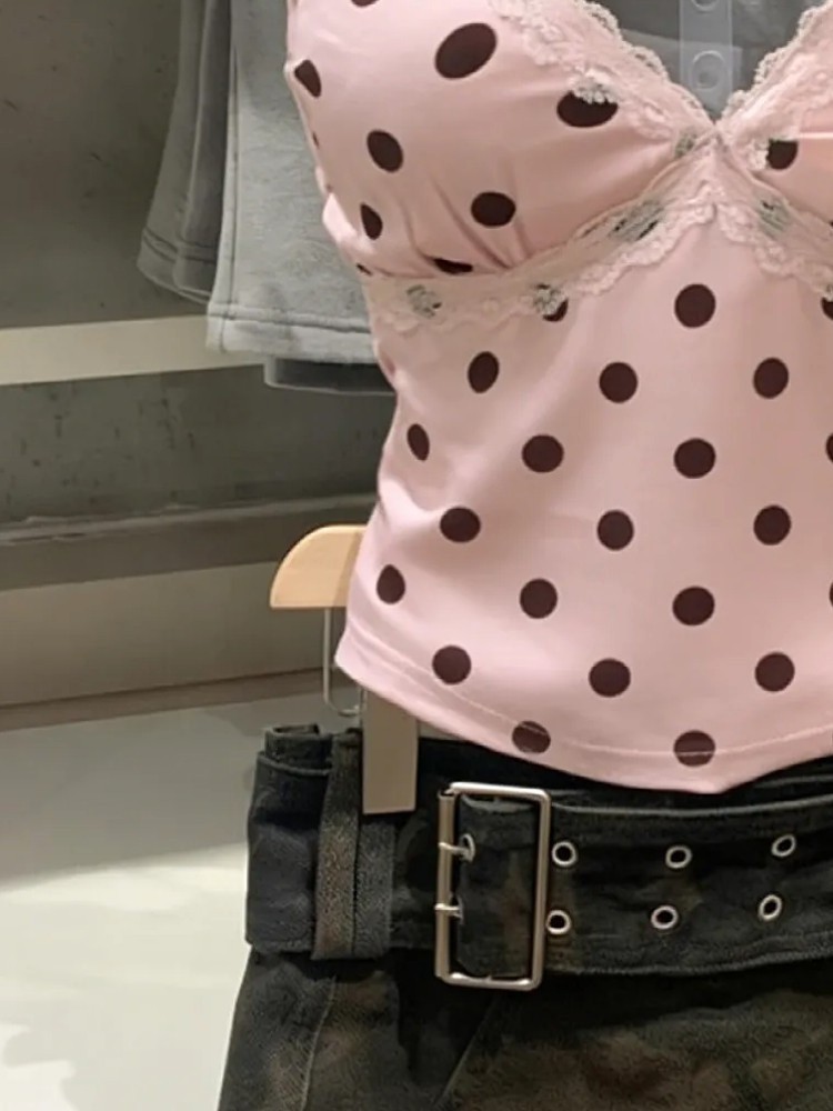 Polka-dot print camisole with lace paneling