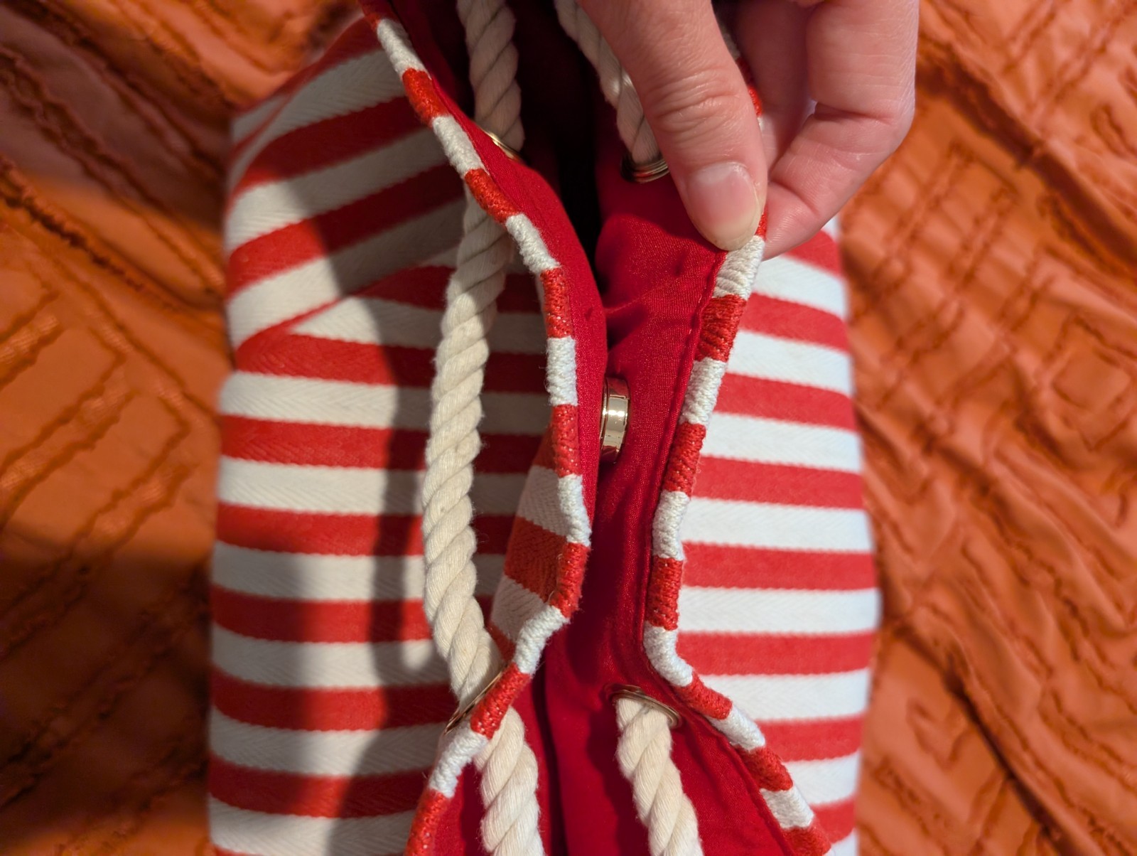Red Striped Beach Pool Bag Canvas Rope Handle Magnetic Close Coastal Nautical