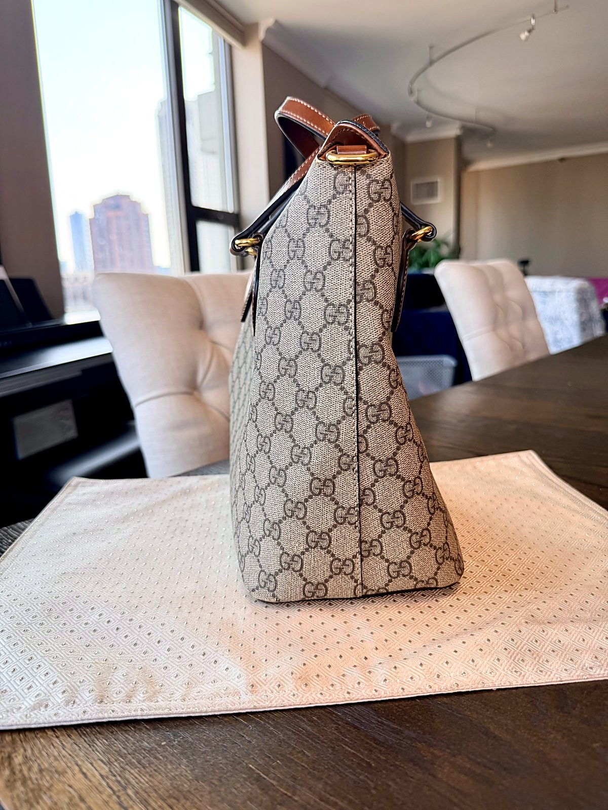Authentic Gucci GG Supreme Monogram Canvas Tote Bag Brown Leather Trim Handbag