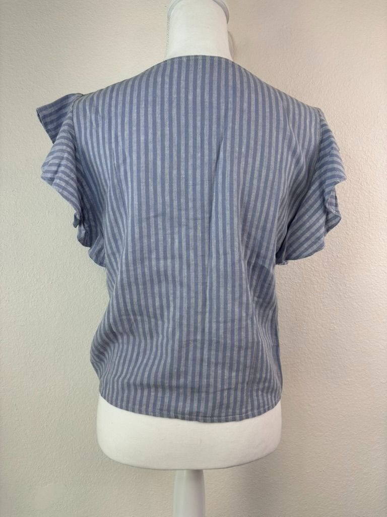Madewell women’s 0 linen-blend ruffle sleeve drawstring crop top in stripe blue
