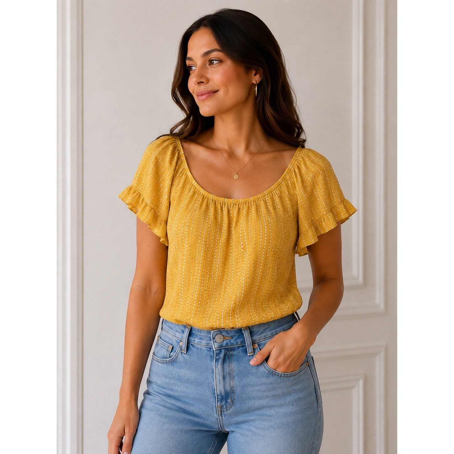 W5 Mustard Yellow Boho Peasant Top Flutter Sleeve Crinkle Textured Blouse Large