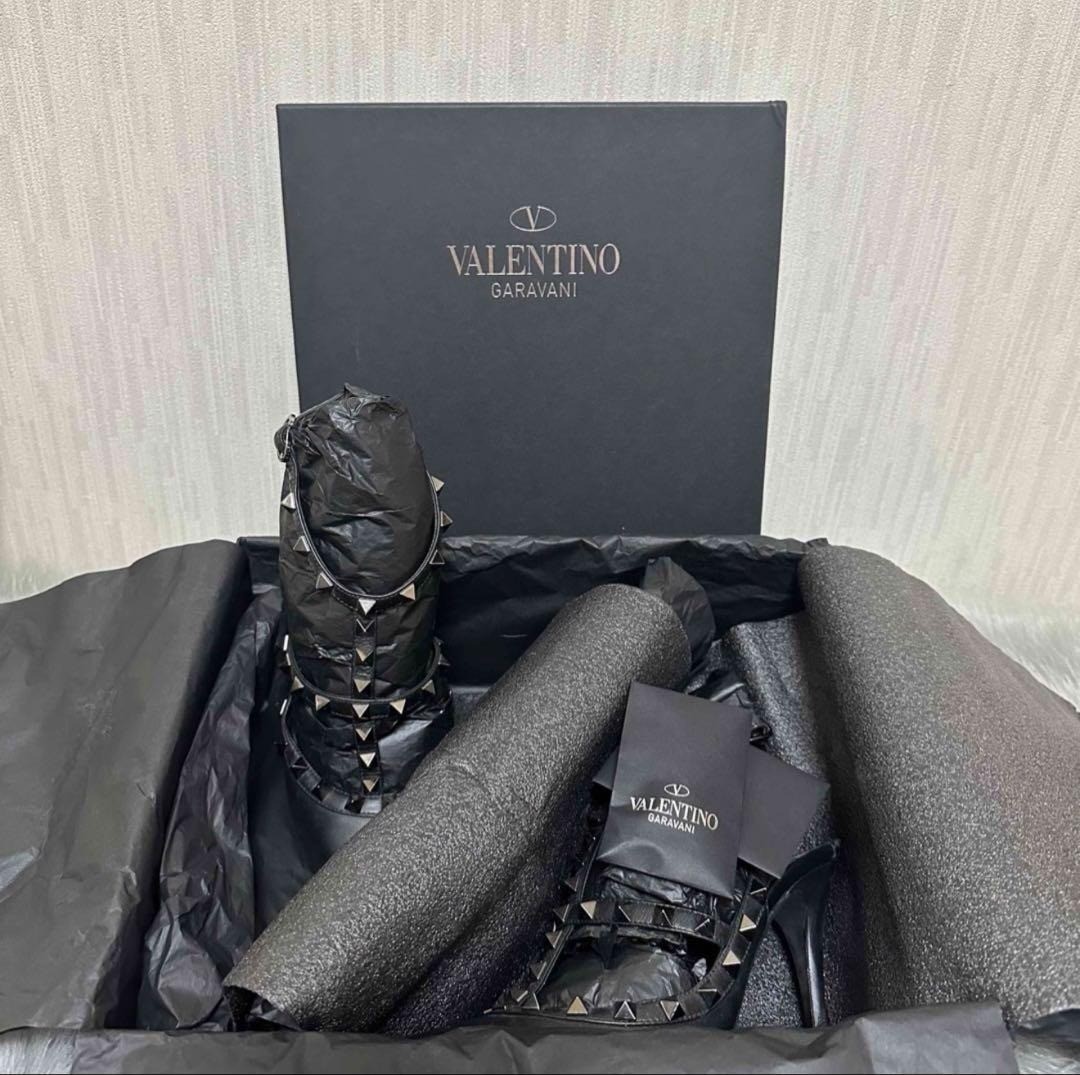 VALENTINO Rockstud Leather classic Black Ankle Strap Pumps 36/23.5cm Heel 10cm