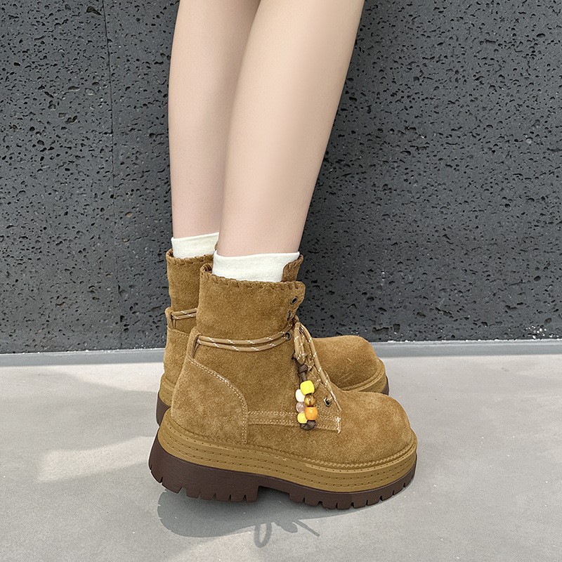 Real Leather Suede Ankle Boots Womens Platform British Thick Soled Casual Shoes