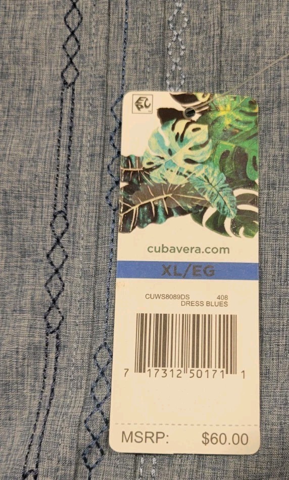 Cubavera Men’s Soft Touch Embroidered Button Down Shirt Dress Blues Size XL NWT