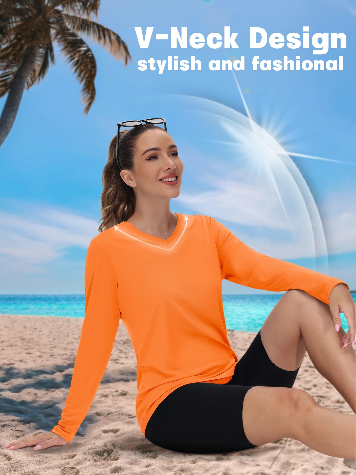 UPF50+ Womens Rash Guard Shirts Long Sleeve Quick Dry V-Neck Hiking Sports Tops