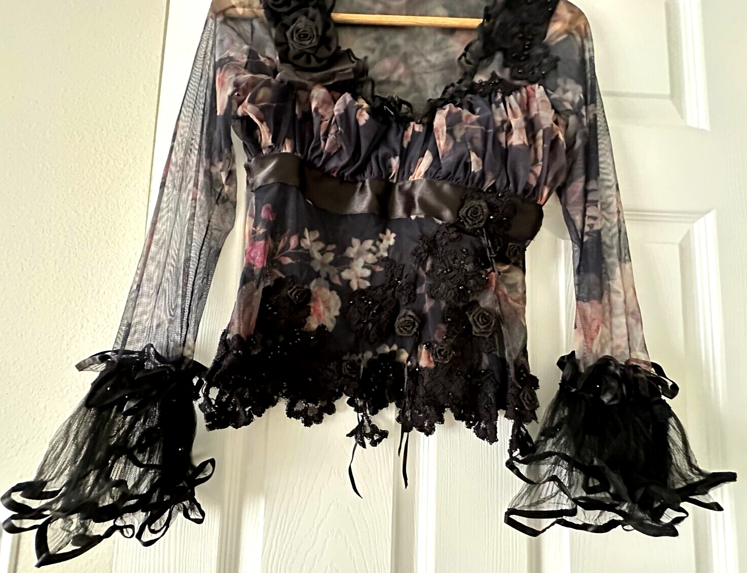 Rare CELO Sheer Floral Ruffle Blouse Bell Sleeve Top Argentina MSRP $350