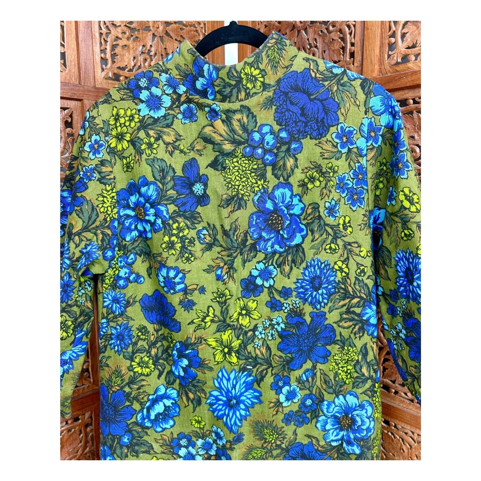 Vintage Mod MCM Blue Green Floral Shift Dress 60s Mid Century Boho Medium