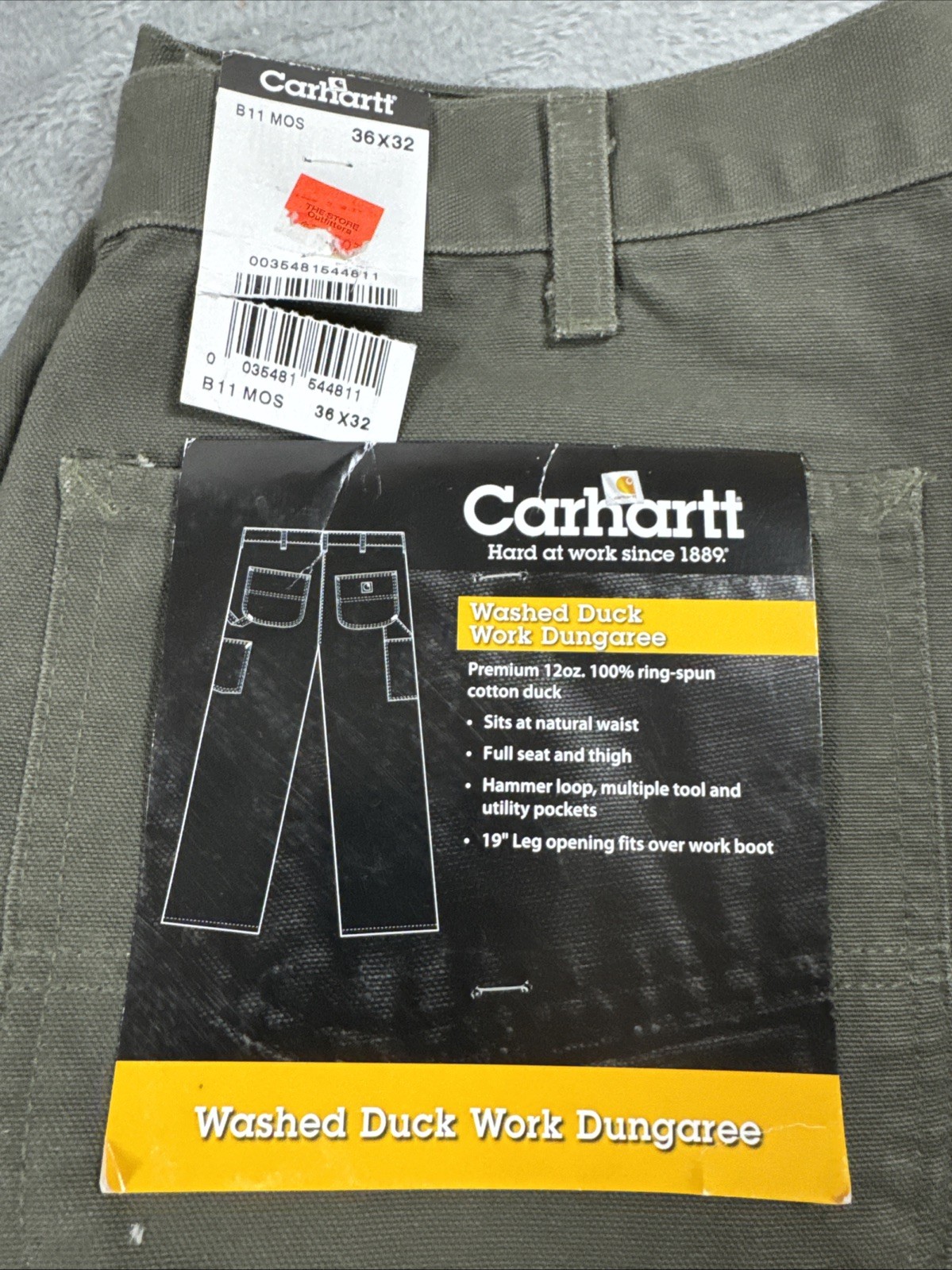 Carhartt Pants Mens 36×32 Original Fit B11 Olive Green Washed Duck Work Dungaree