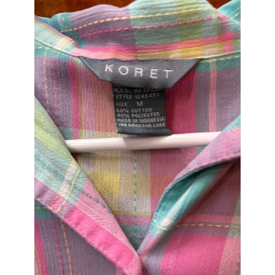 Koret Womens Pastel Plaid Short Sleeve Button Up Shirt Floral Embroidery Pink M