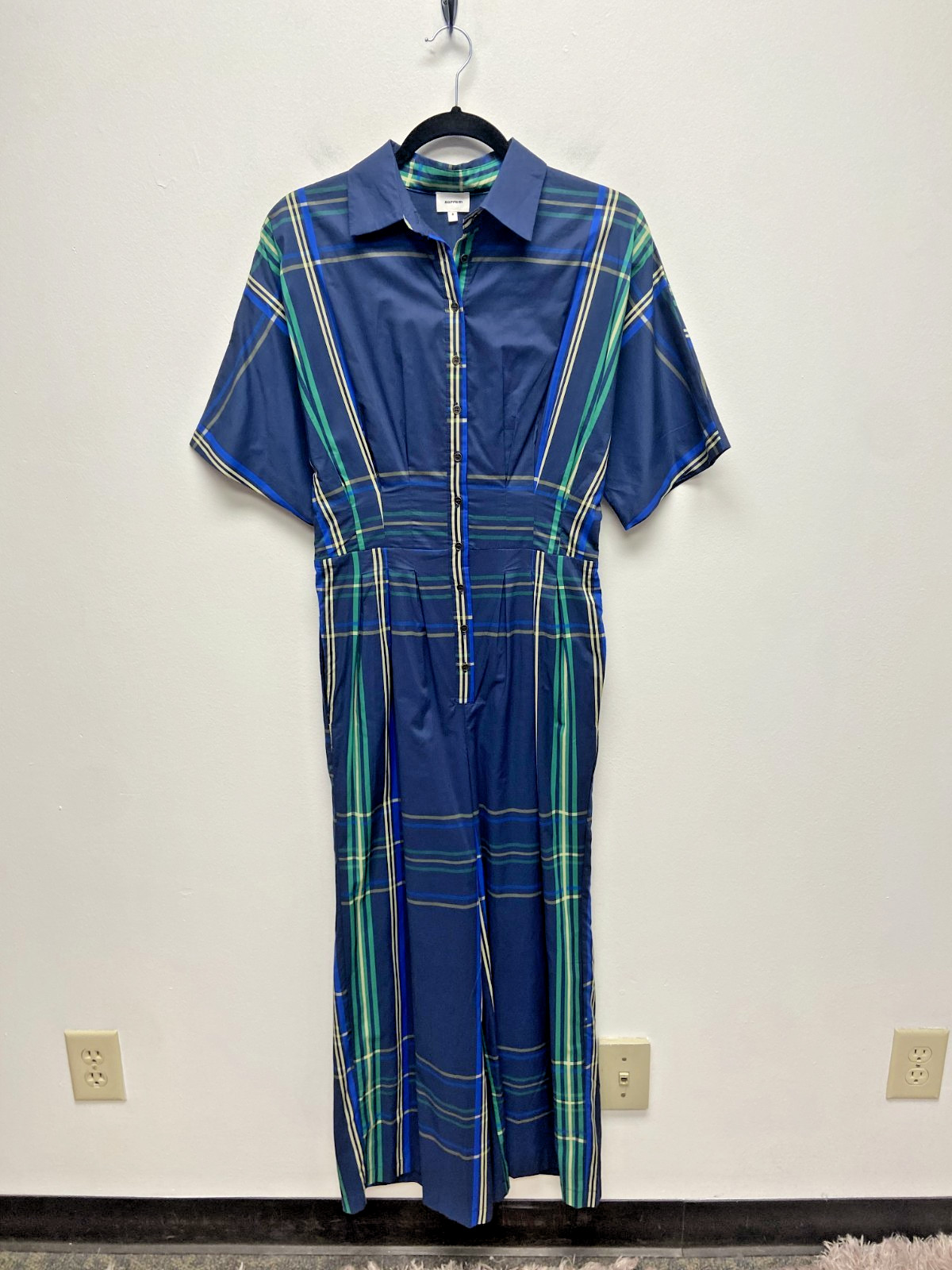 Aureum Short Sleeve Jumpsuit Bethany Blue Green Plaid Pleated Waist Cropped S