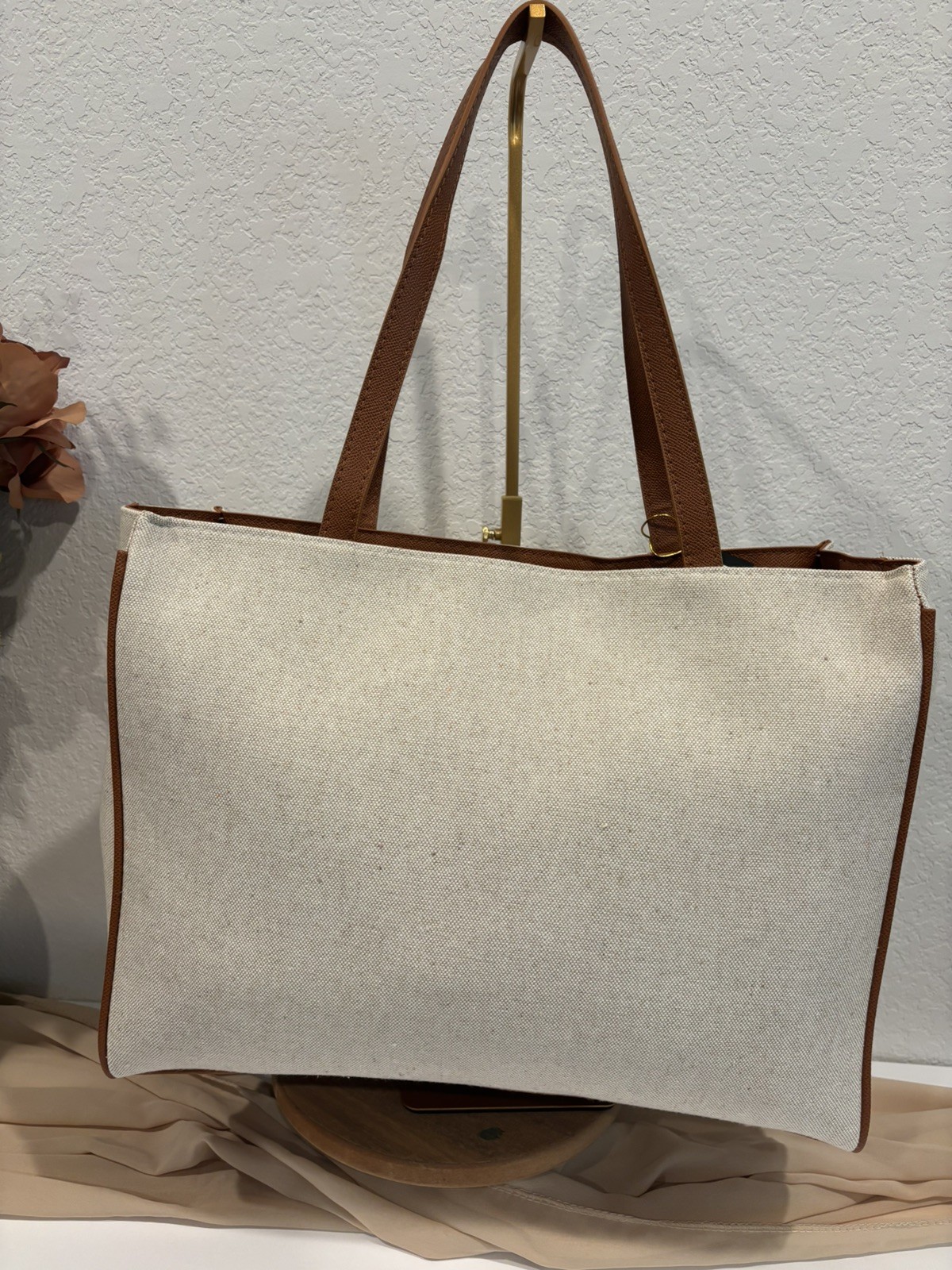 Bebe Paisley Canvas Tote Bag Caramel Stripe Large Shoulder Tote NWT MSRP $139