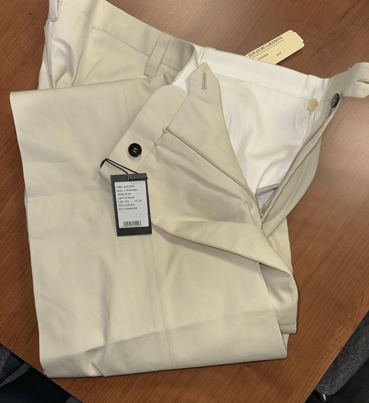 NWT Cesare Attolini Napoli Cream Cotton Cashmere Trousers IT 52 US 36 Unfinished