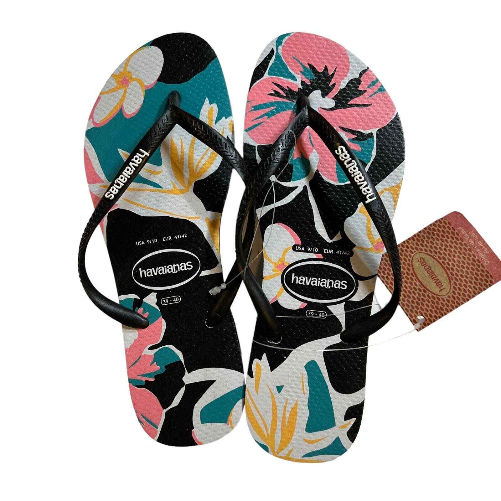 Havaianas Women’s Black Slim Pink and Yellow Floral Flip Flops Size 11/12 New