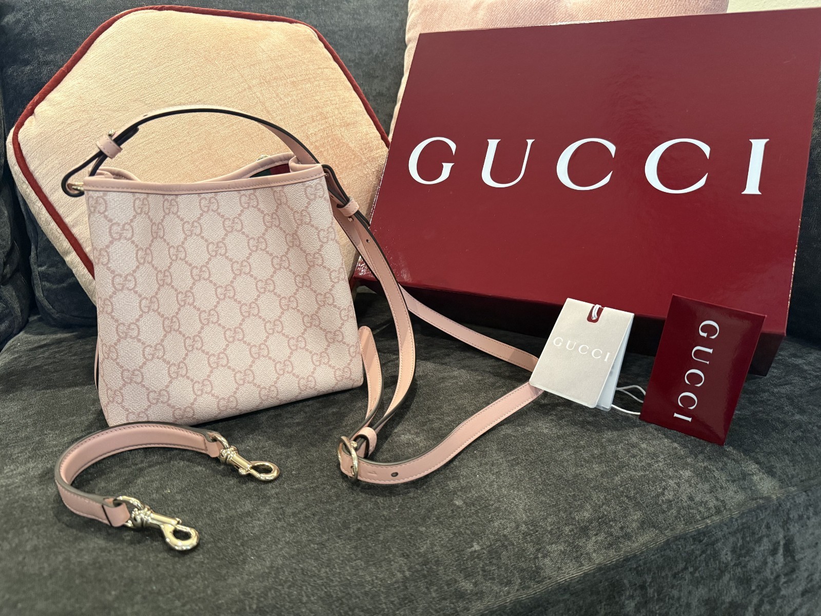 Gucci GG Emblem Small Bucket Bag Light Pink with Original Dust Bag & Box