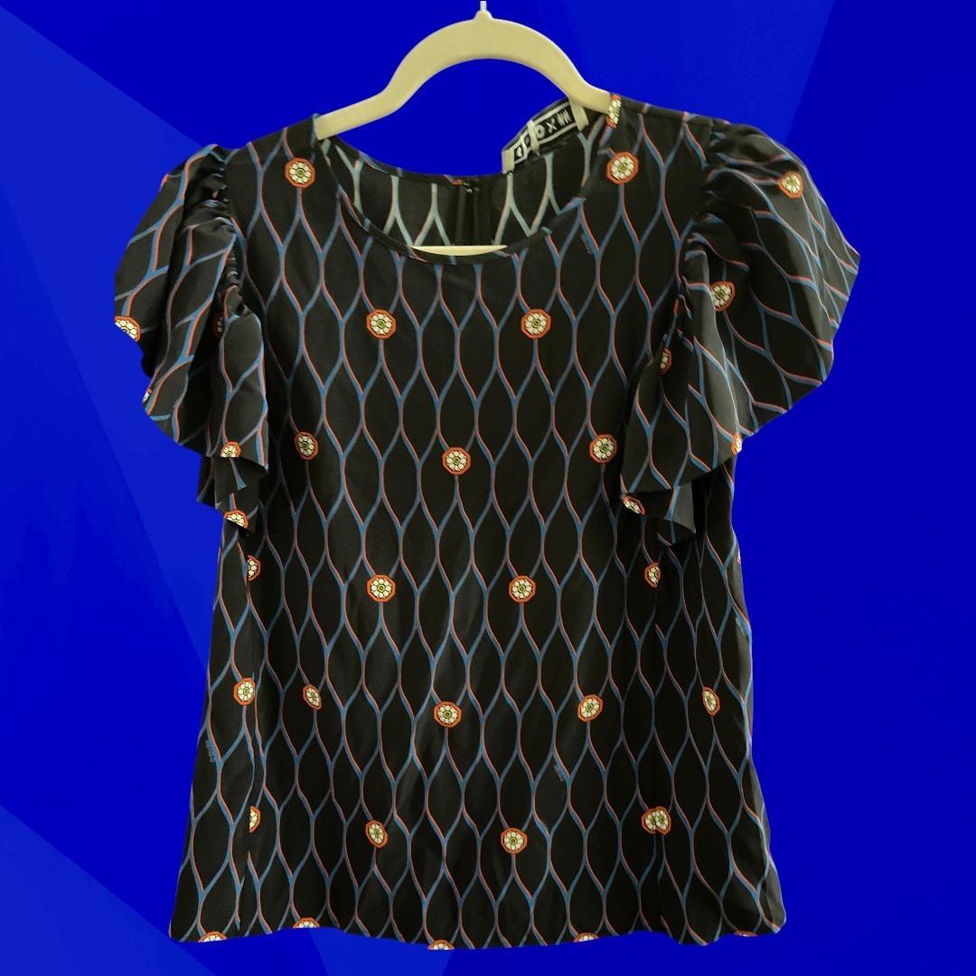 KENZO x H&M Pure Silk Geometric Ruffle Sleeve Blouse Black Blue Red White M
