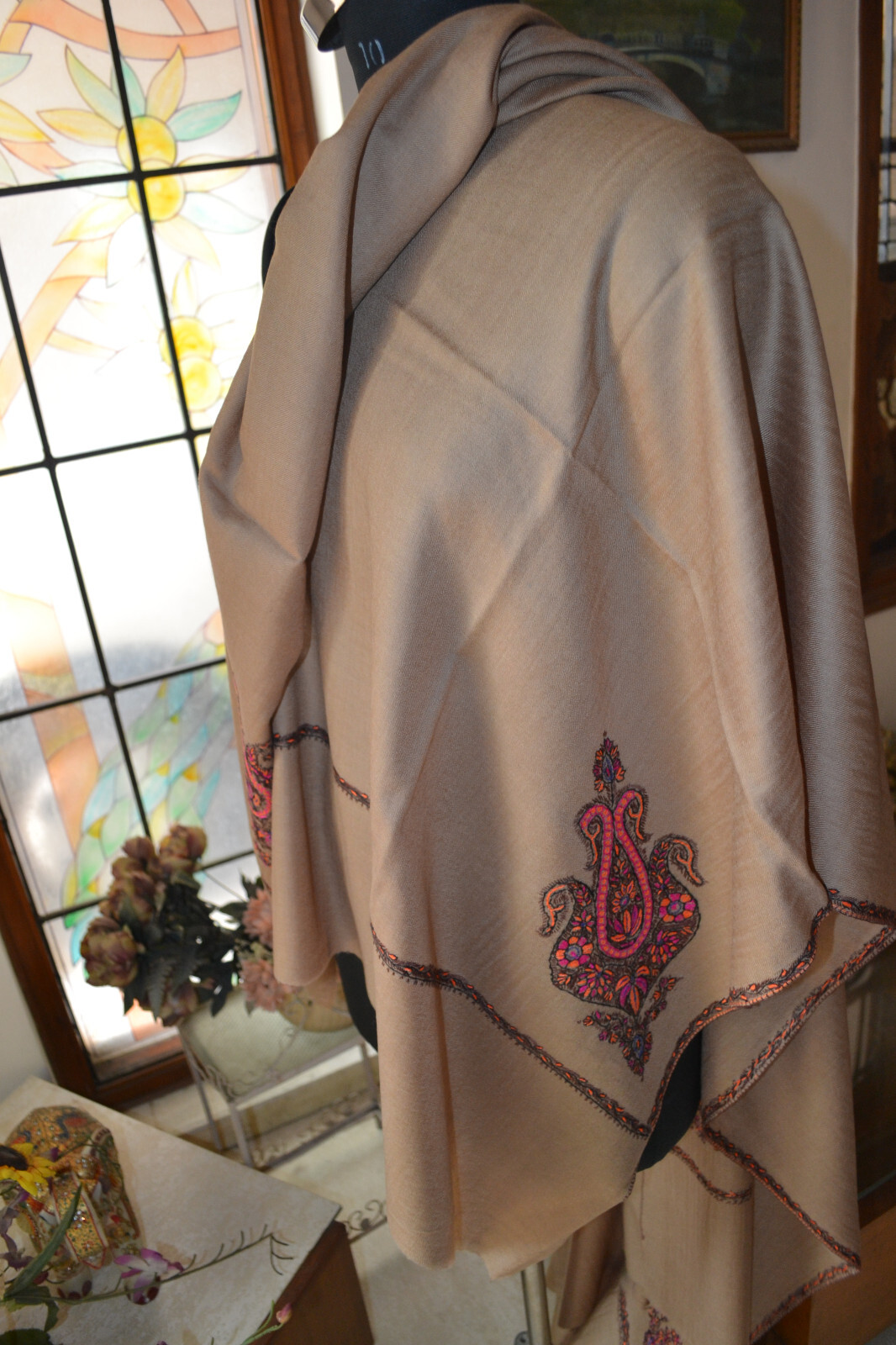 KASHMIRI HERITAGE MICRO BORDER EMBROIDERY DAUR SHAWL MOSS – CASHMERE PASHMINA