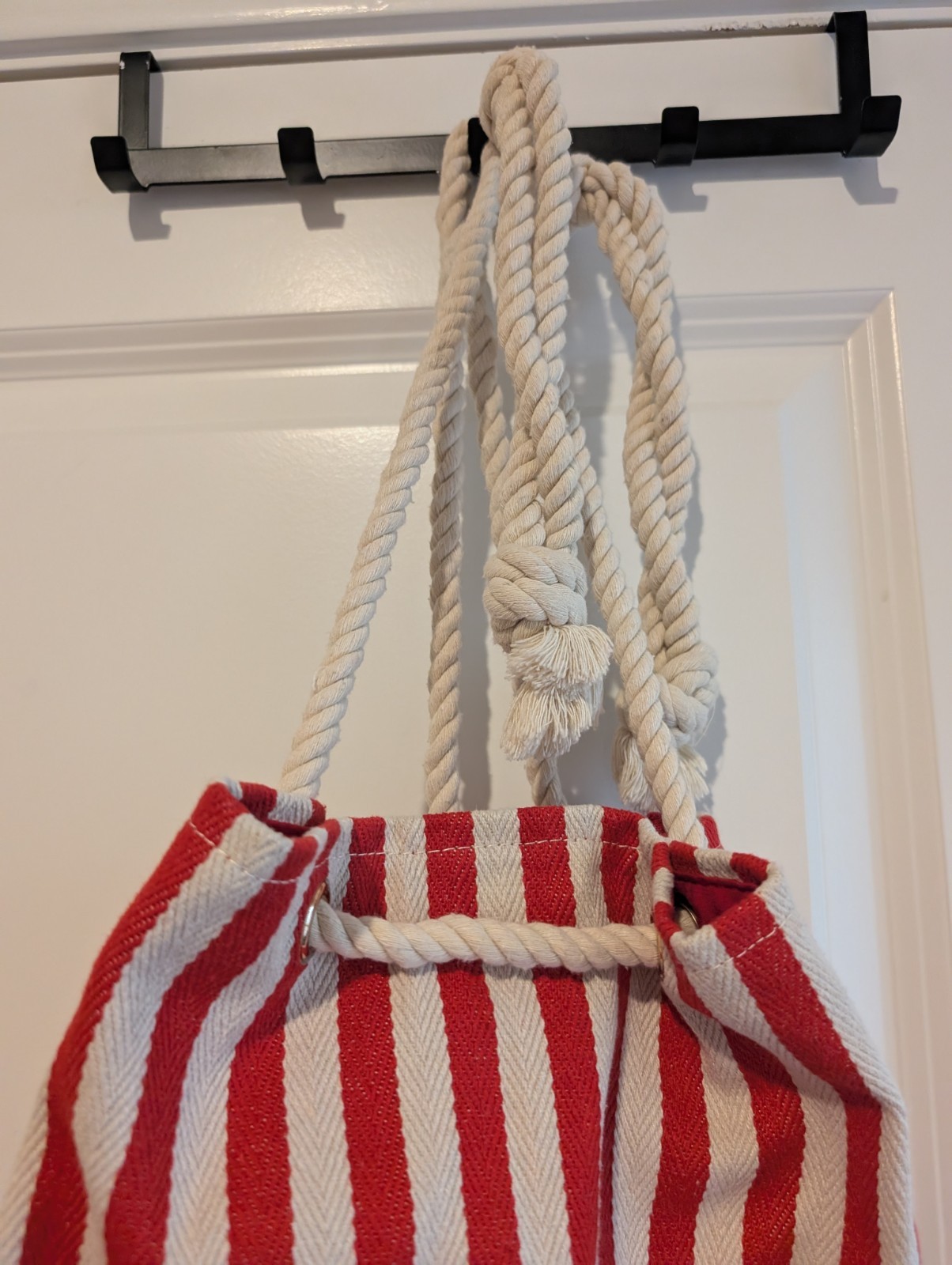 Red Striped Beach Pool Bag Canvas Rope Handle Magnetic Close Coastal Nautical
