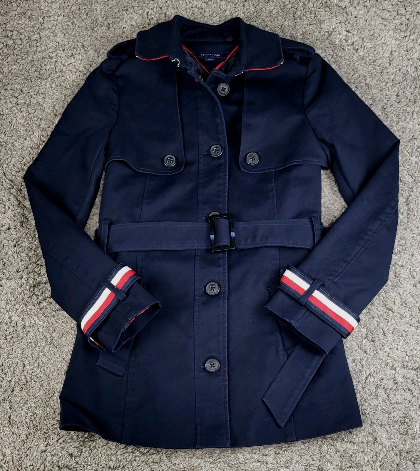 Tommy Hilfiger Coat Double Breasted Navy Blue Trench Coat Womens Medium Belted
