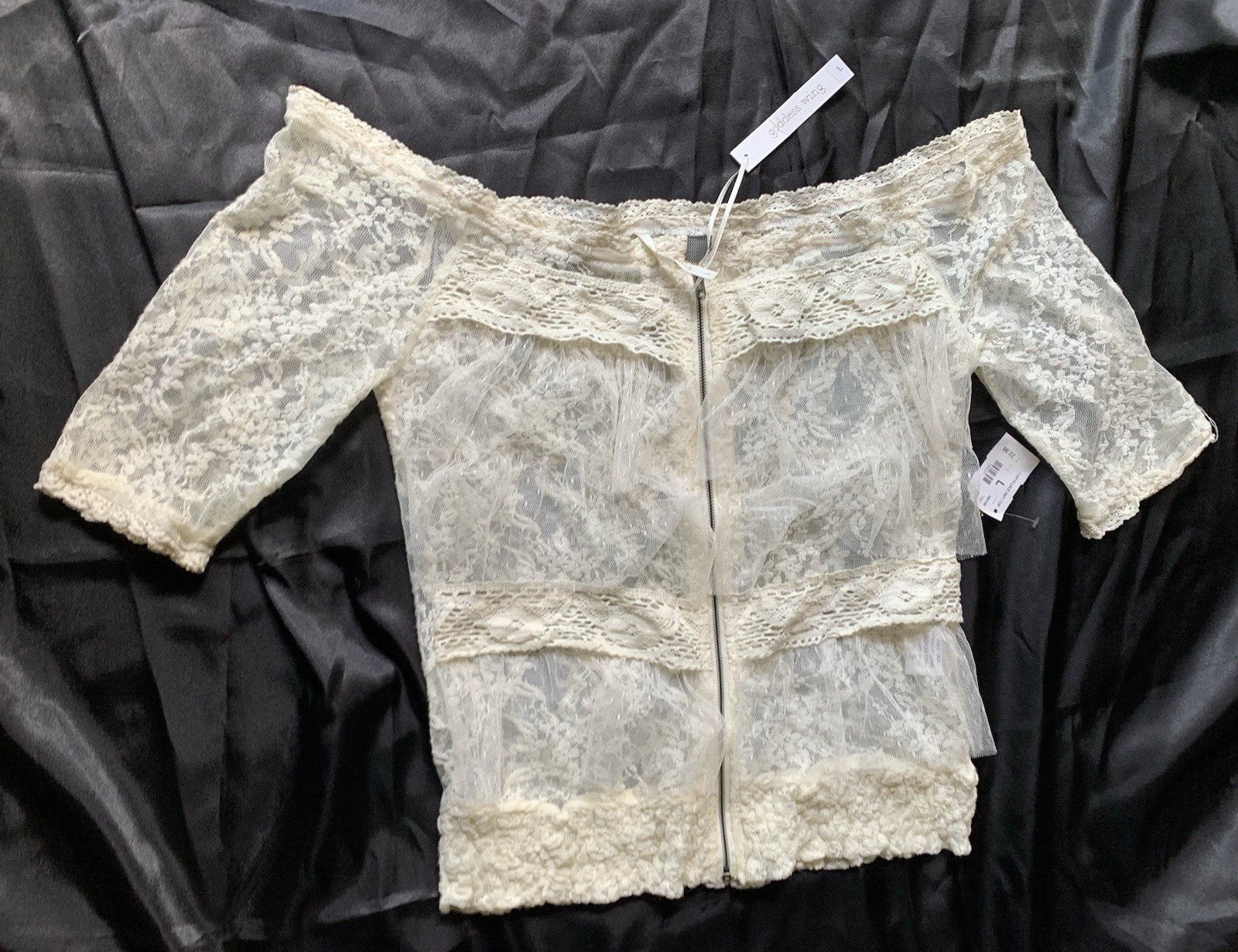 Goddess Wing ☀️ Blouse Top Women Woman Size Large Lace Off White Beige Zipper