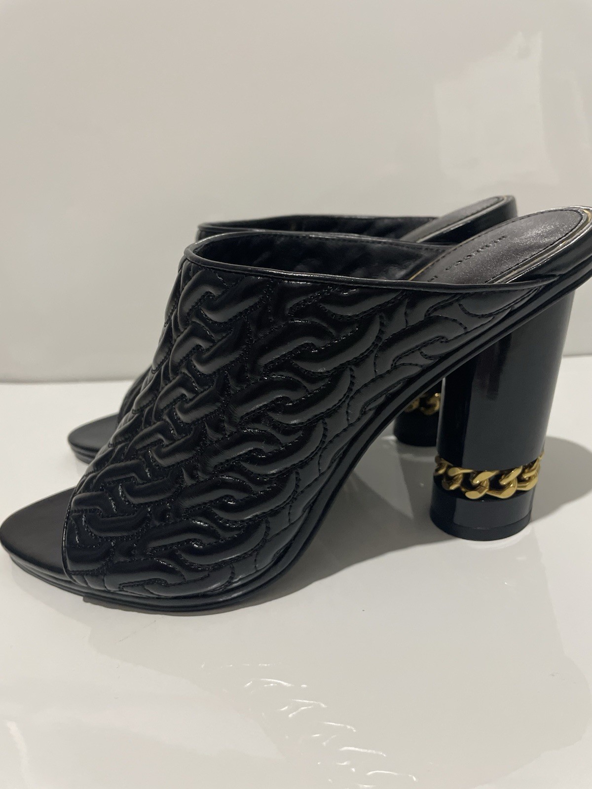 Rebecca Minkoff Black Quilted Leather Chain Open Toe Slip-On Mule Heels 10