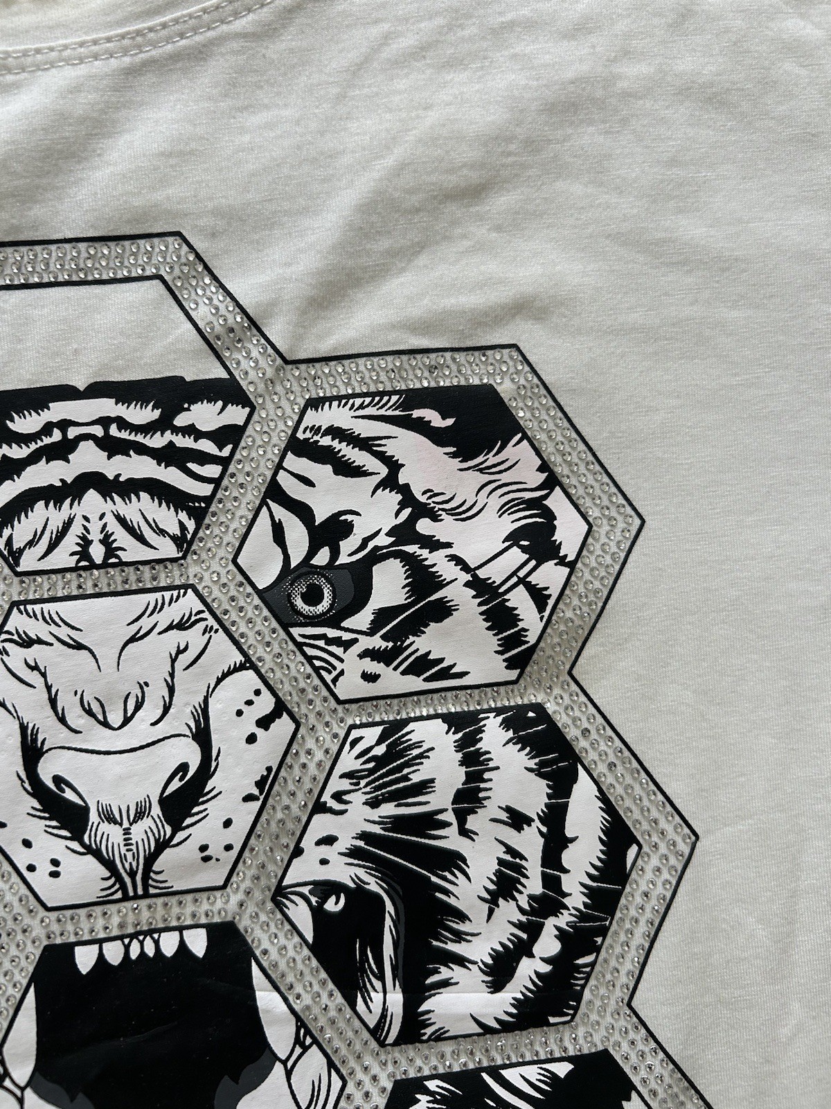 PHILIPP PLEIN Platinum Cut T Shirt Hexagon Tiger Head Graphic Men’s Large White