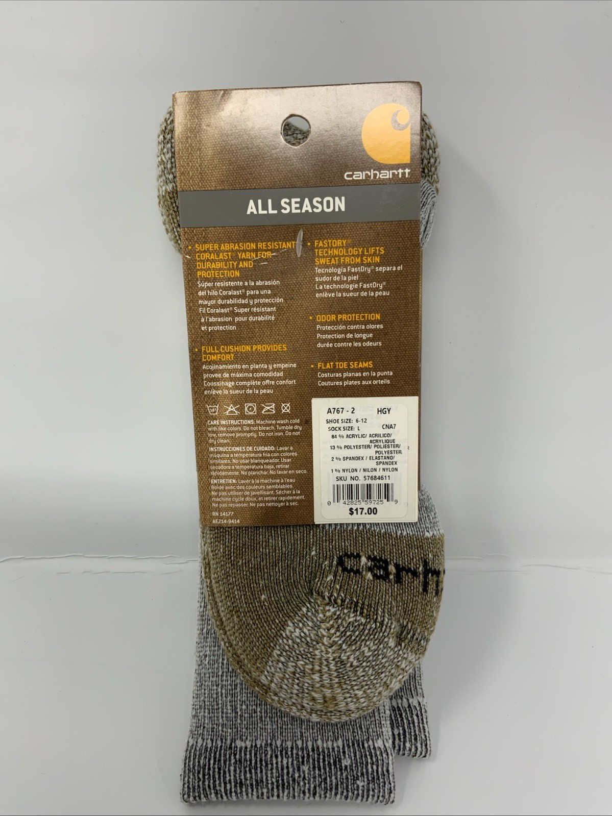 Carhartt A767-2 Steel Toe Acrylic Blend Boot Sock Grey L Shoe size 6-12 2-Pack