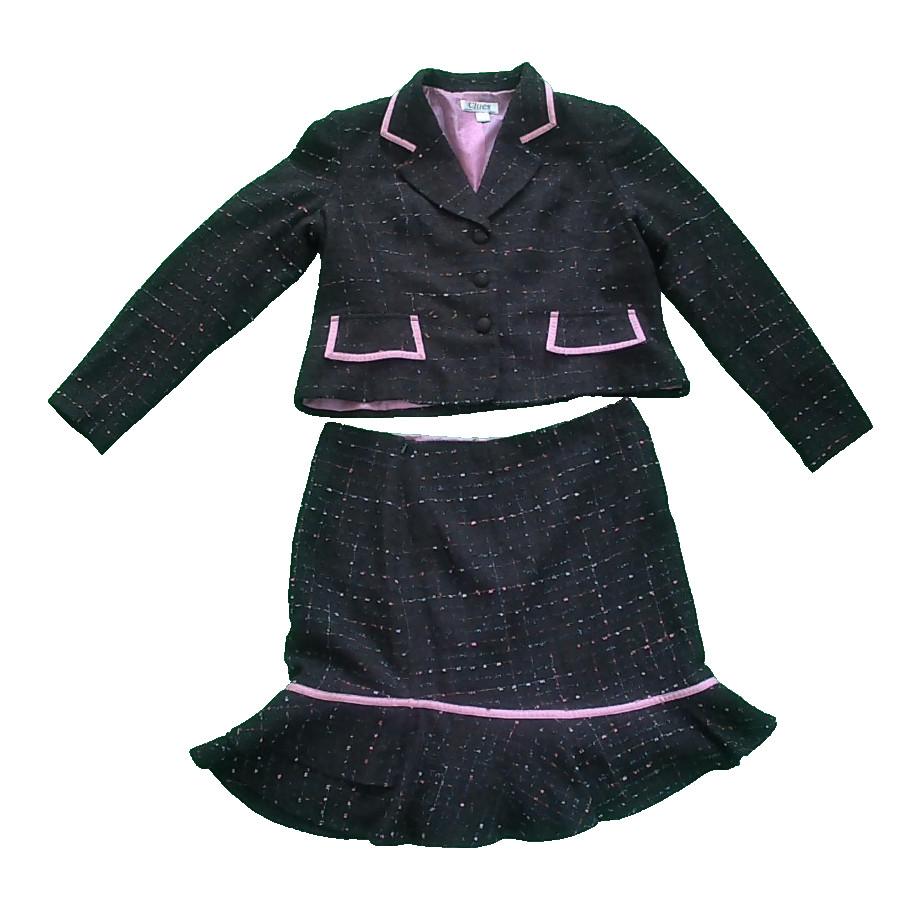 Clues Collections Women’s Black 100% Acrylic Tweed 2 Piece Skirt Suit Sz 14 A-01