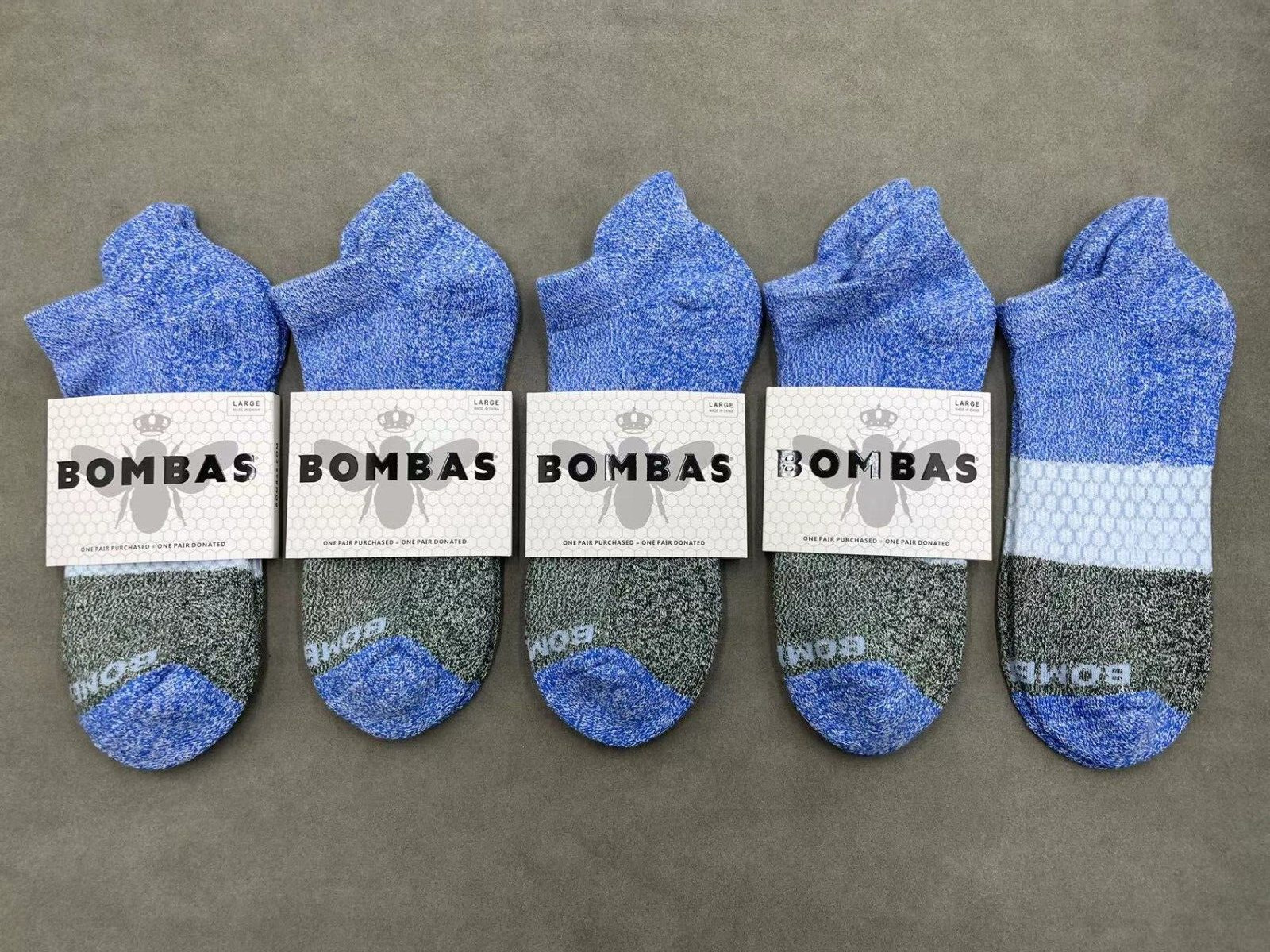 5 Pairs Bombas Men’s Tri-Block Marl honeycomb Ankle Sock Size Large 9-13 Blue