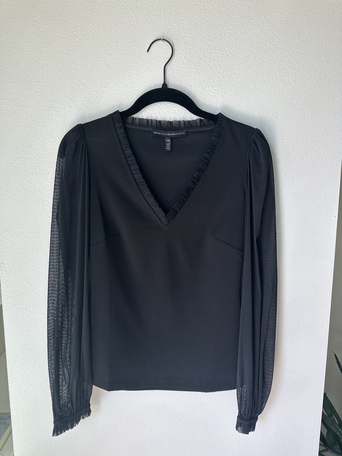 White House Black Market Black V-Neck Sheer Mesh Puff Sleeve Ruffle Blouse XXS