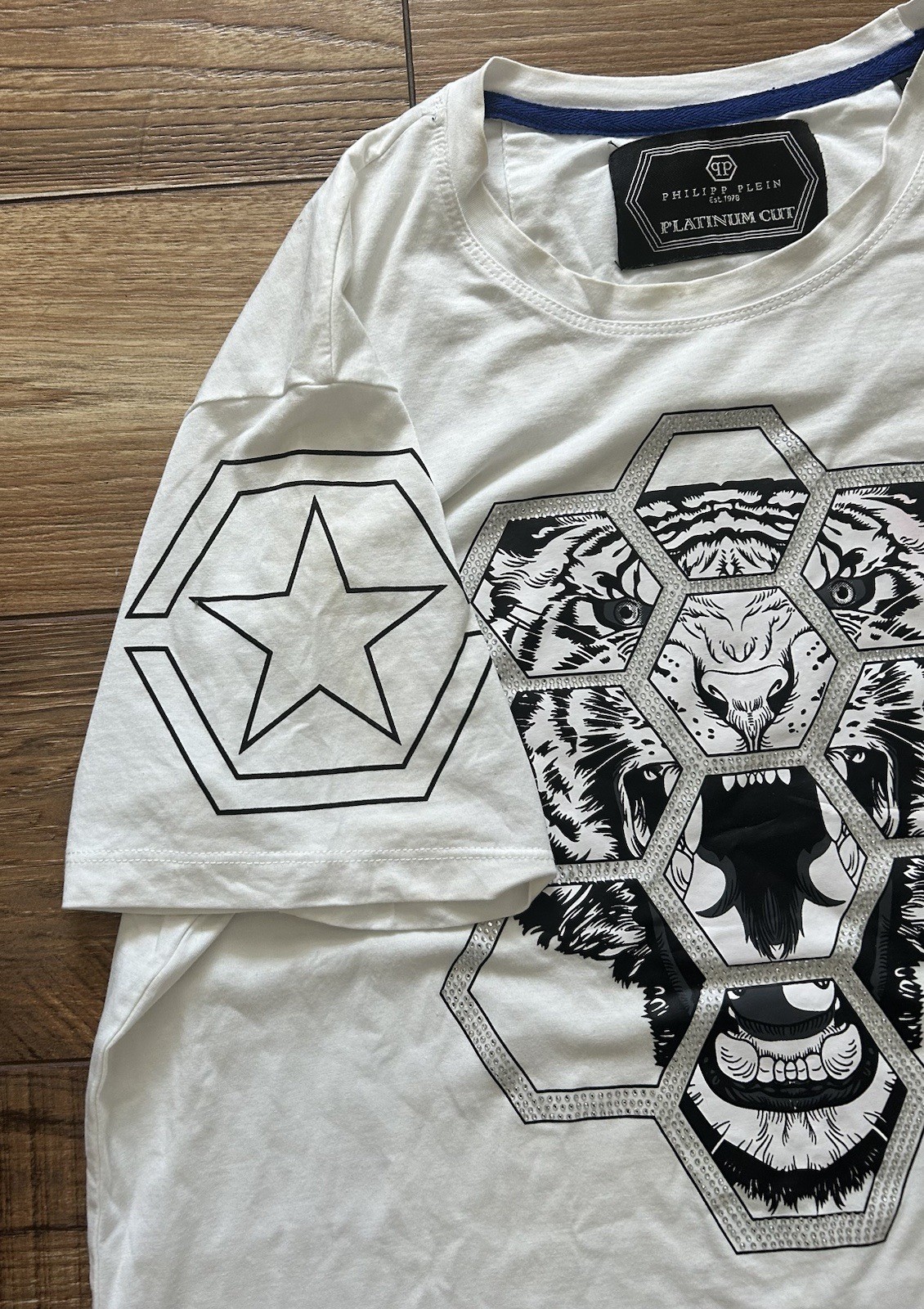 PHILIPP PLEIN Platinum Cut T Shirt Hexagon Tiger Head Graphic Men’s Large White