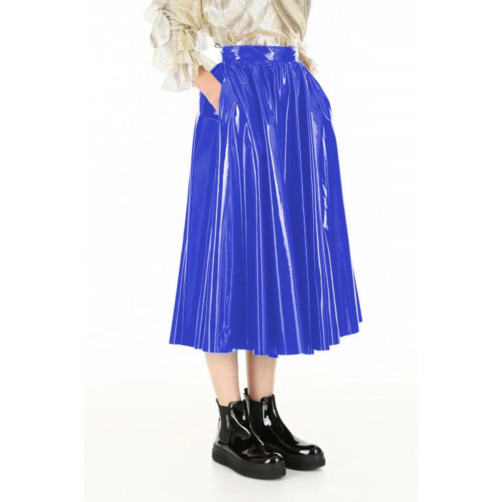 Vinyl PVC Leather Midi Skirts Casual Fashion Female High Waist A-line Skirt