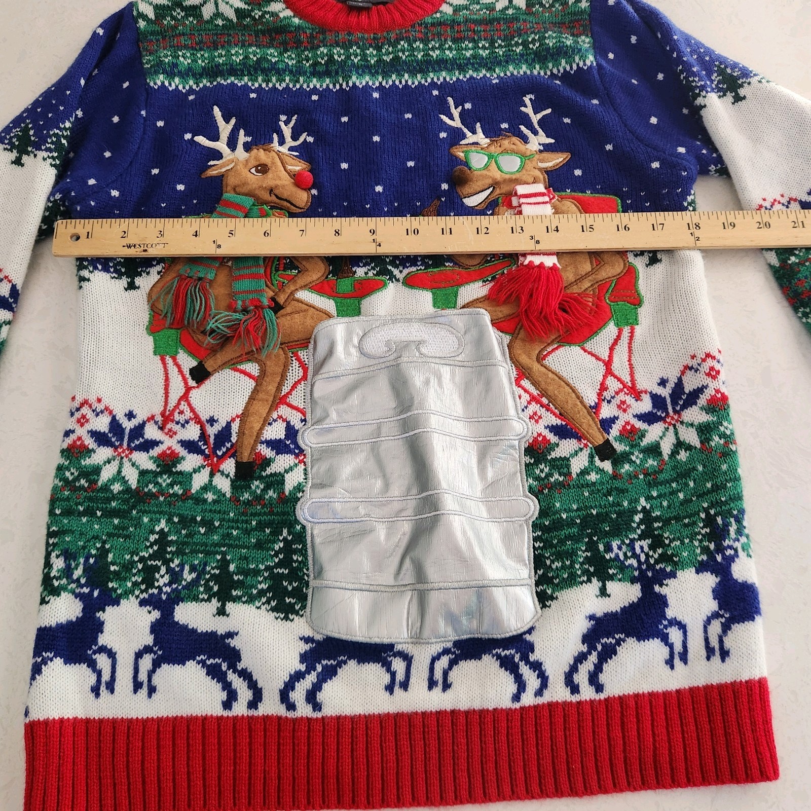 Ugly Christmas Sweater 33 Degrees Holiday Reindeer Beer Bottle Pocket Sz S