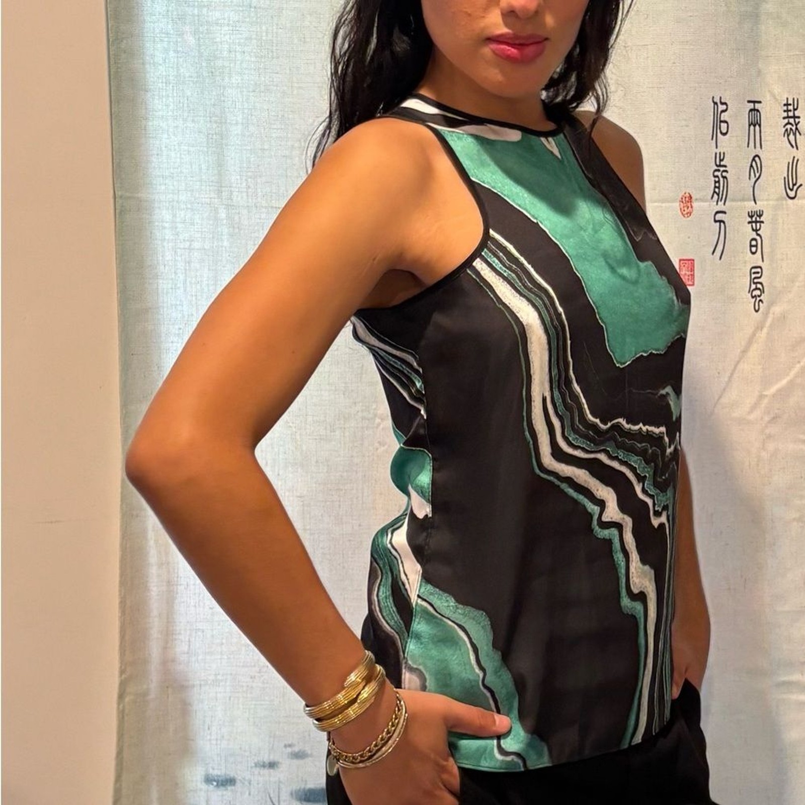 The Kooples Teal and Black Wave Pattern Tank Top Printed Marble